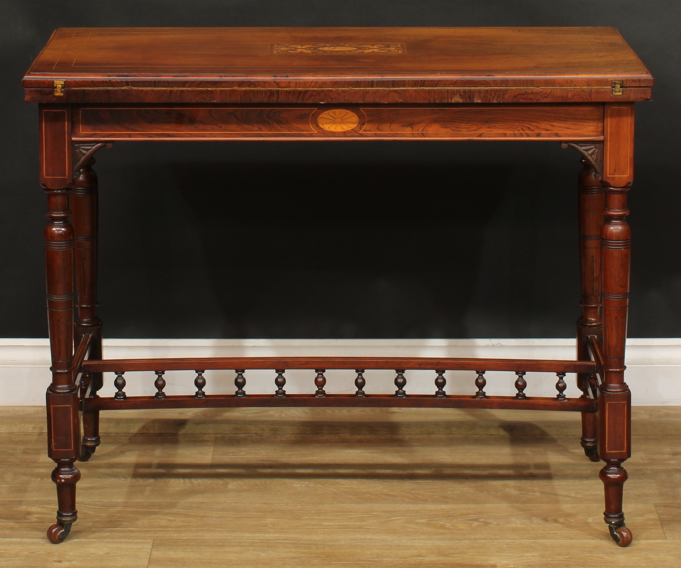 A late Victorian rosewood and marquetry card table, in the manner of Gillows of Lancaster and - Image 6 of 6