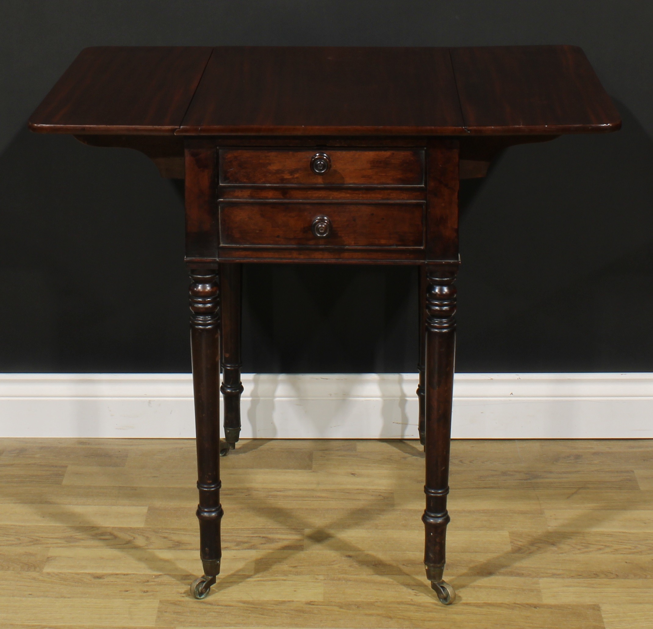 A George IV mahogany Pembroke occasional table, rounded rectangular top with fall leaves above a - Image 3 of 7