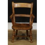 A 19th century beech and elm miniature bar back open armchair, curved cresting rail, turned arms and