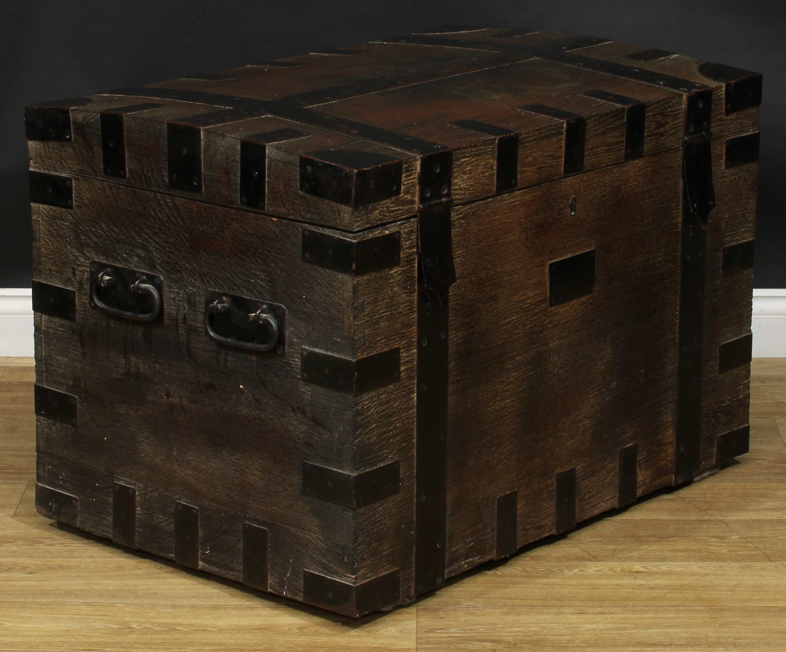 A 19th century iron-bound oak country house silver chest, hinged top, carry handles to sides, 63.5cm - Image 2 of 5