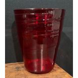 A large Whitefriars Tumbler vase, in ruby red, designed by Barnaby Powell, number 9030, 27.5cm,