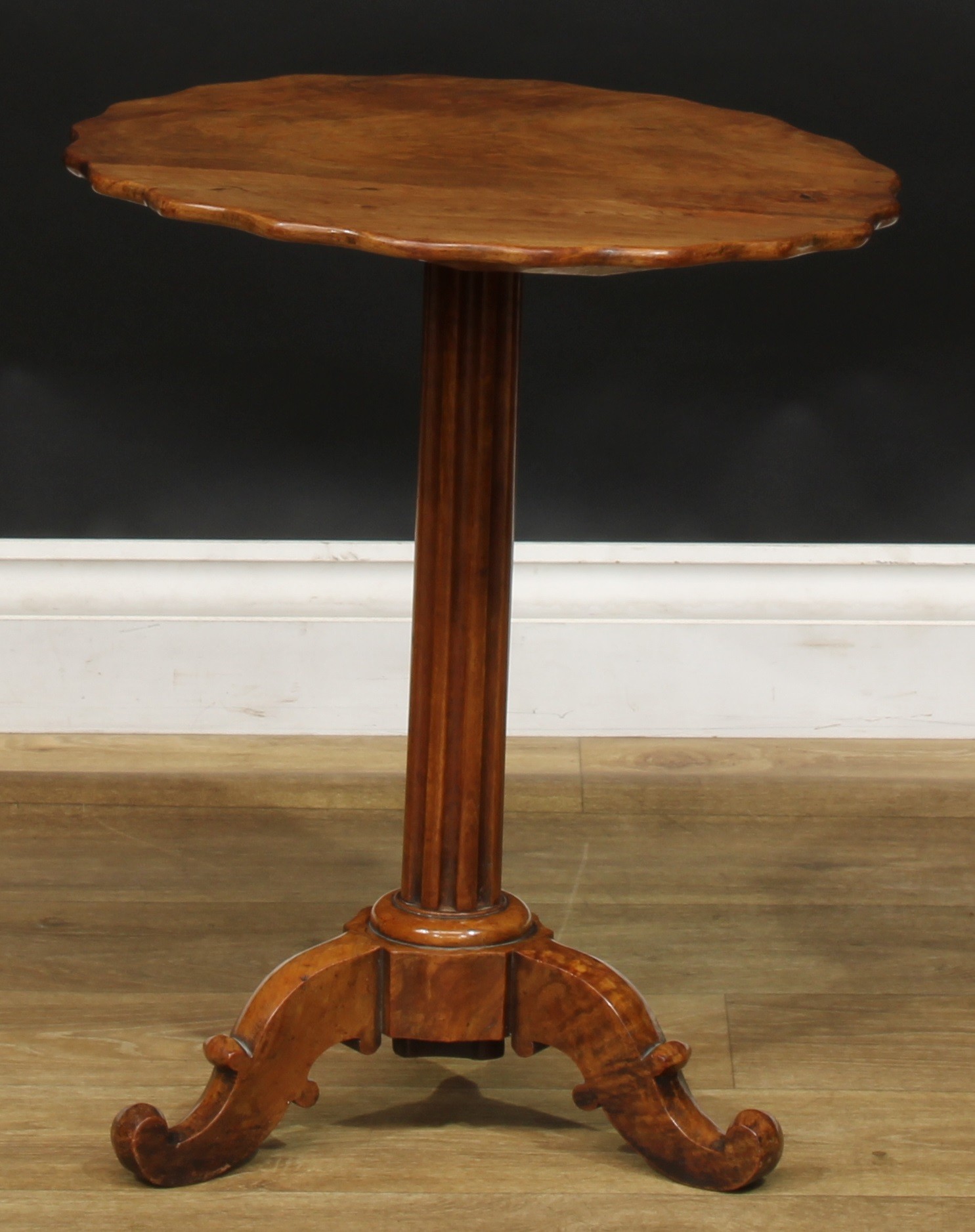 A 19th century walnut and satin birch tripod wine table, shaped circular top, fluted column, - Image 2 of 4