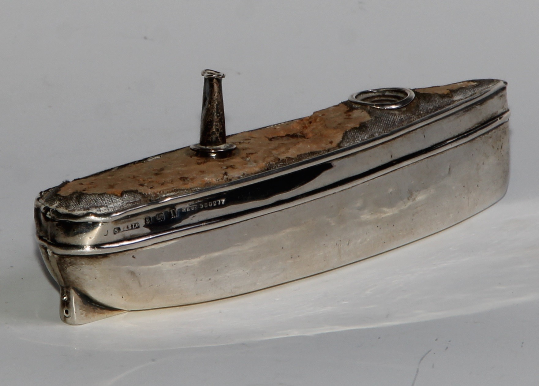 A George V silver novelty pin cushion, as a ship, 12.5cm long, S Blanckensee & Sons Ltd, - Image 4 of 5