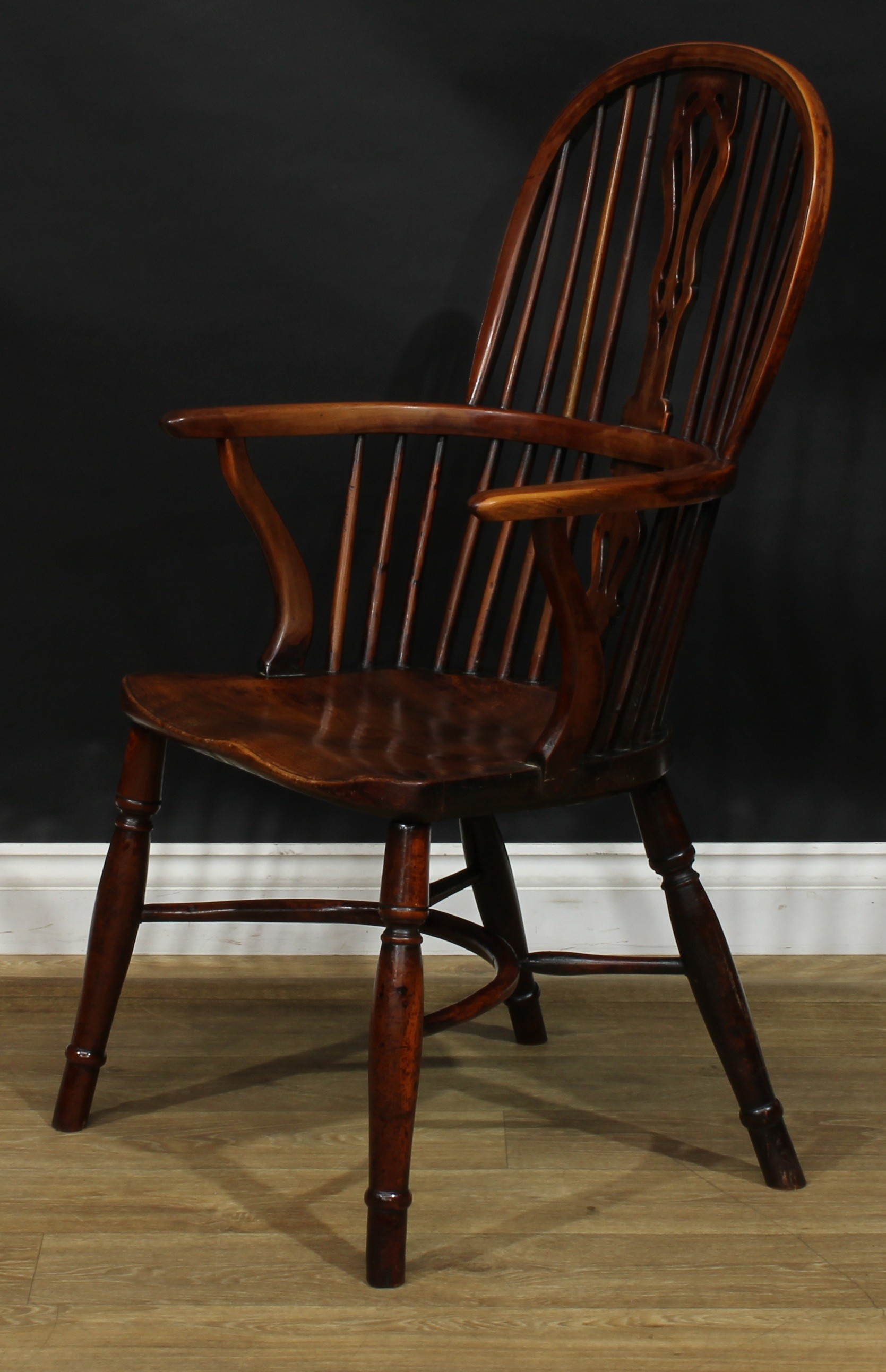 A 19th century yew and beech Windsor elbow chair, hoop back, shaped and pierced splat, one-piece - Image 3 of 4