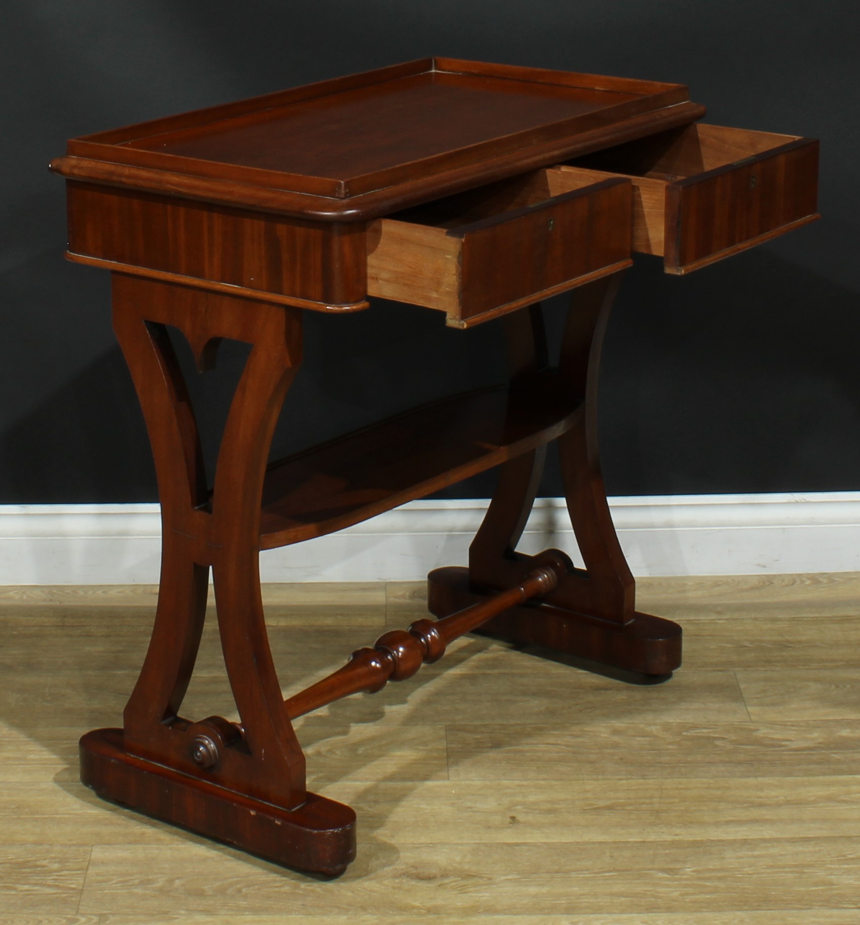 An early Victorian mahogany silver table, rounded rectangular galleried top above a pair of frieze - Image 4 of 6