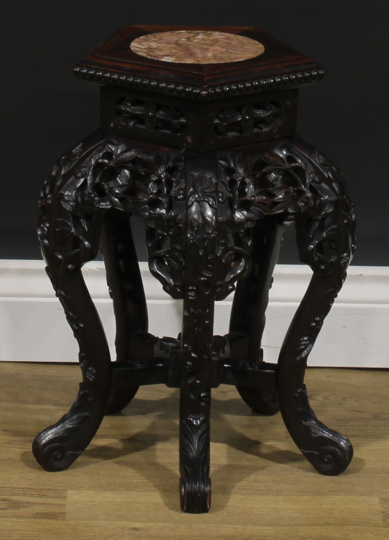 A Chinese hardwood jardiniere stand, pentagonal top with beaded border and inset marble panel, - Image 4 of 5