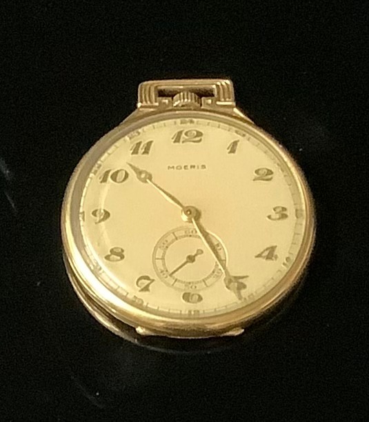 A Moeris pocket watch, the Art Deco case stamped '18k' for 18ct gold, frosted silver dial with