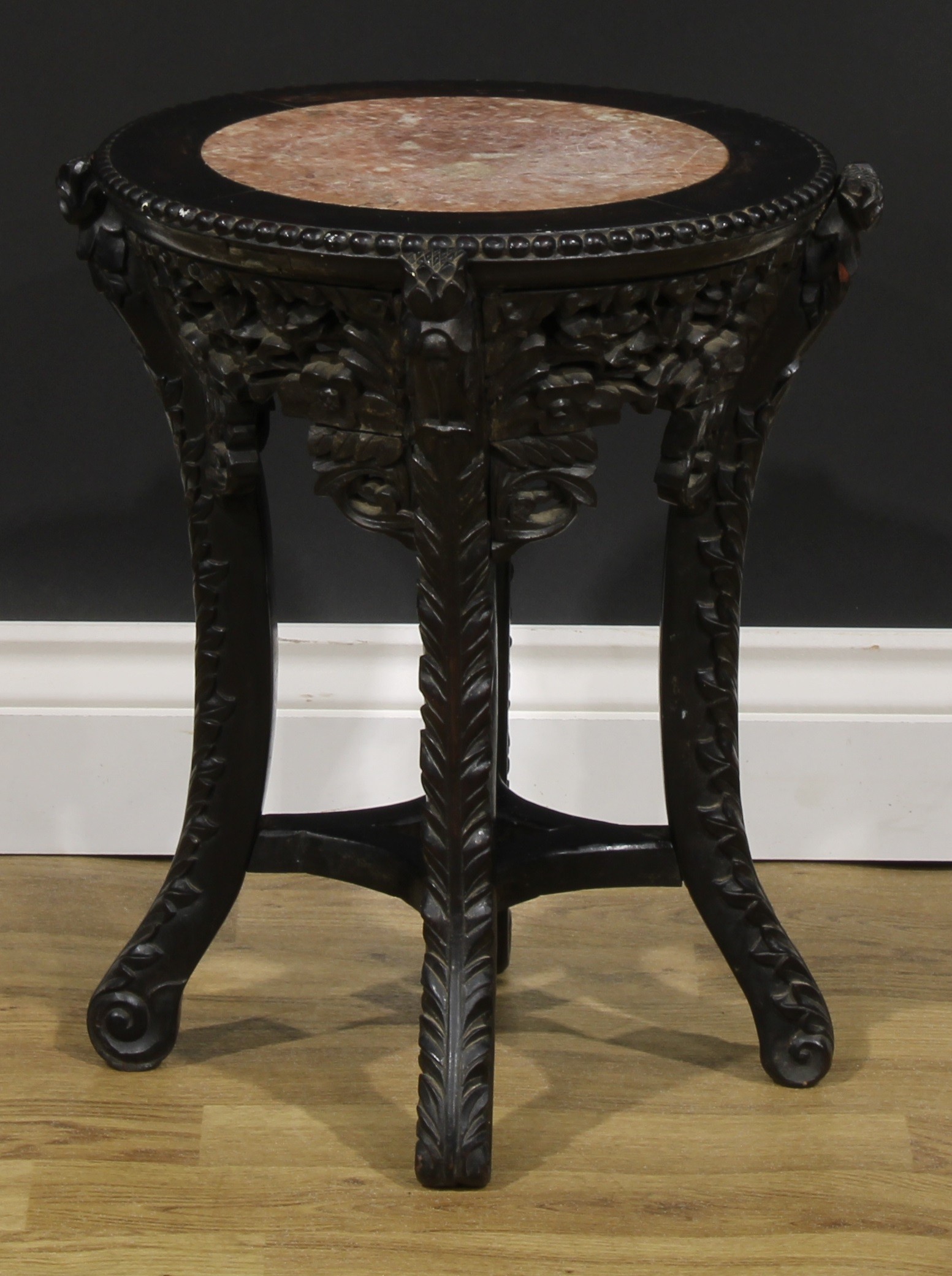 A Chinese hardwood jardiniere stand, circular top with beaded border and inset marble panel, - Image 4 of 5