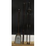A 19th century steel harlequin fireside companion set, comprising shovel, poker and tongs, the
