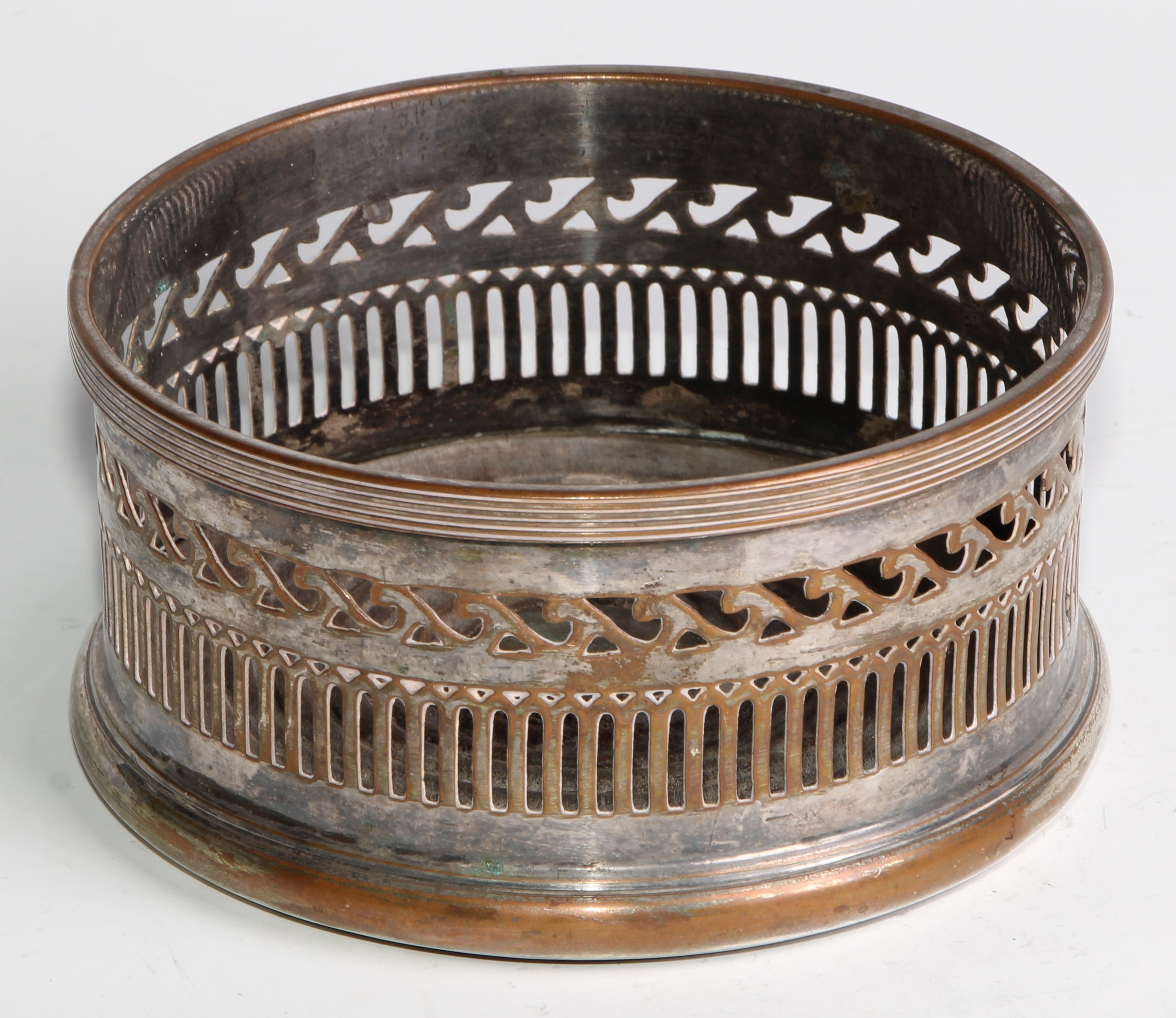 A George III Old Sheffield Plate wine coaster, deep gallery with reeded rim above a pierced band - Image 6 of 6