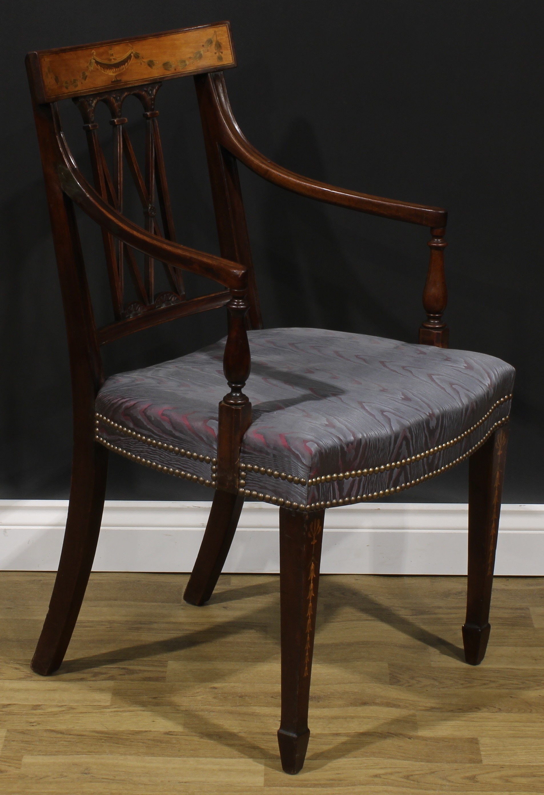 A pair of Sheraton Revival mahogany and marquetry elbow chairs, each cresting rail inlaid with an - Image 3 of 9