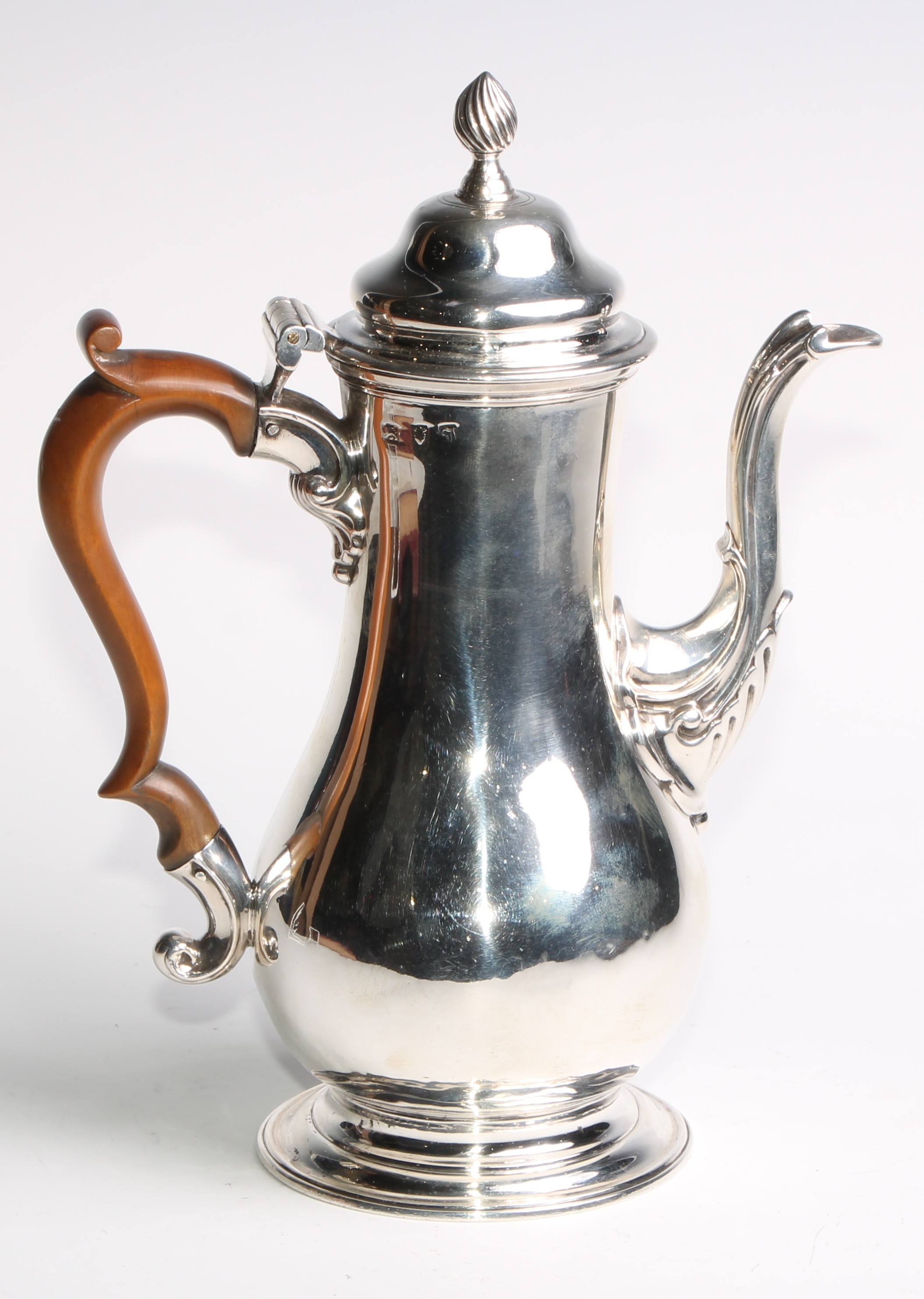 An early George III silver baluster pedestal coffee pot, hinged domed cover with spiral knop finial, - Image 2 of 7