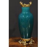 A 19th century ormolu mounted Chinese monochrome ovoid vase, glazed in tones of mottled turquoise,