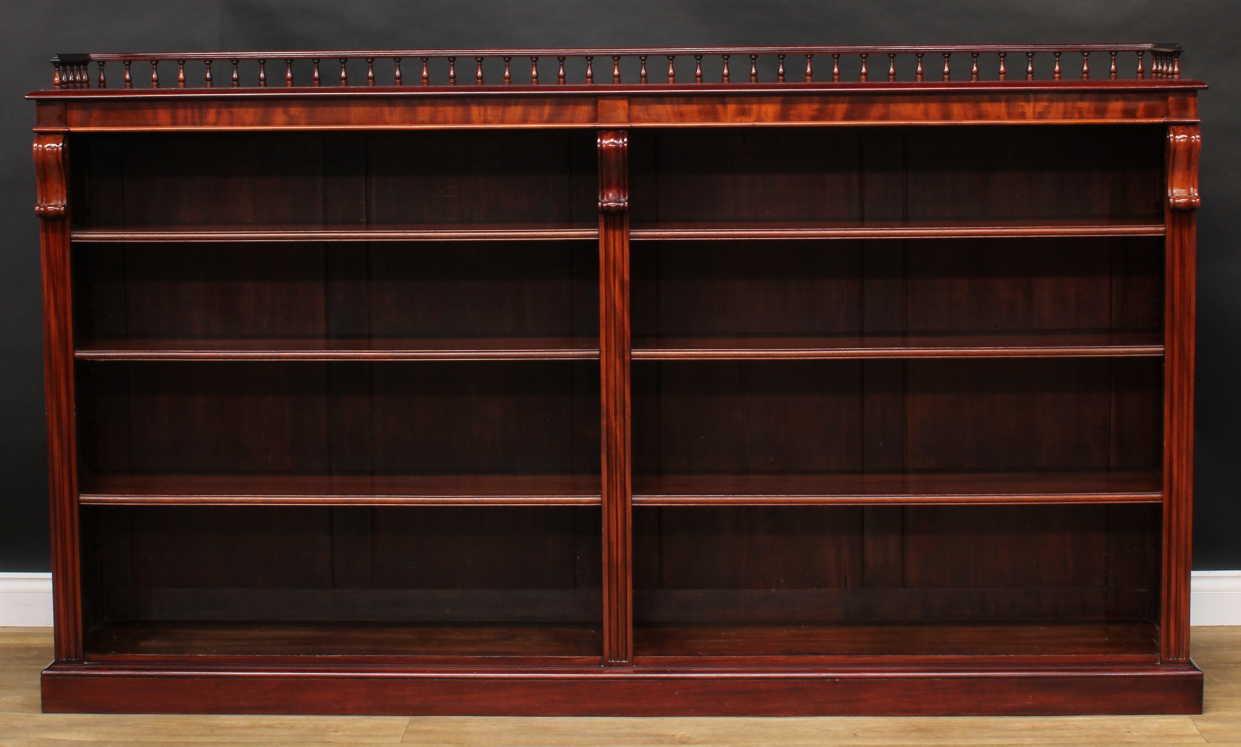A Victorian mahogany low library bookcase, three quarter balustrade gallery above six adjustable - Image 2 of 5