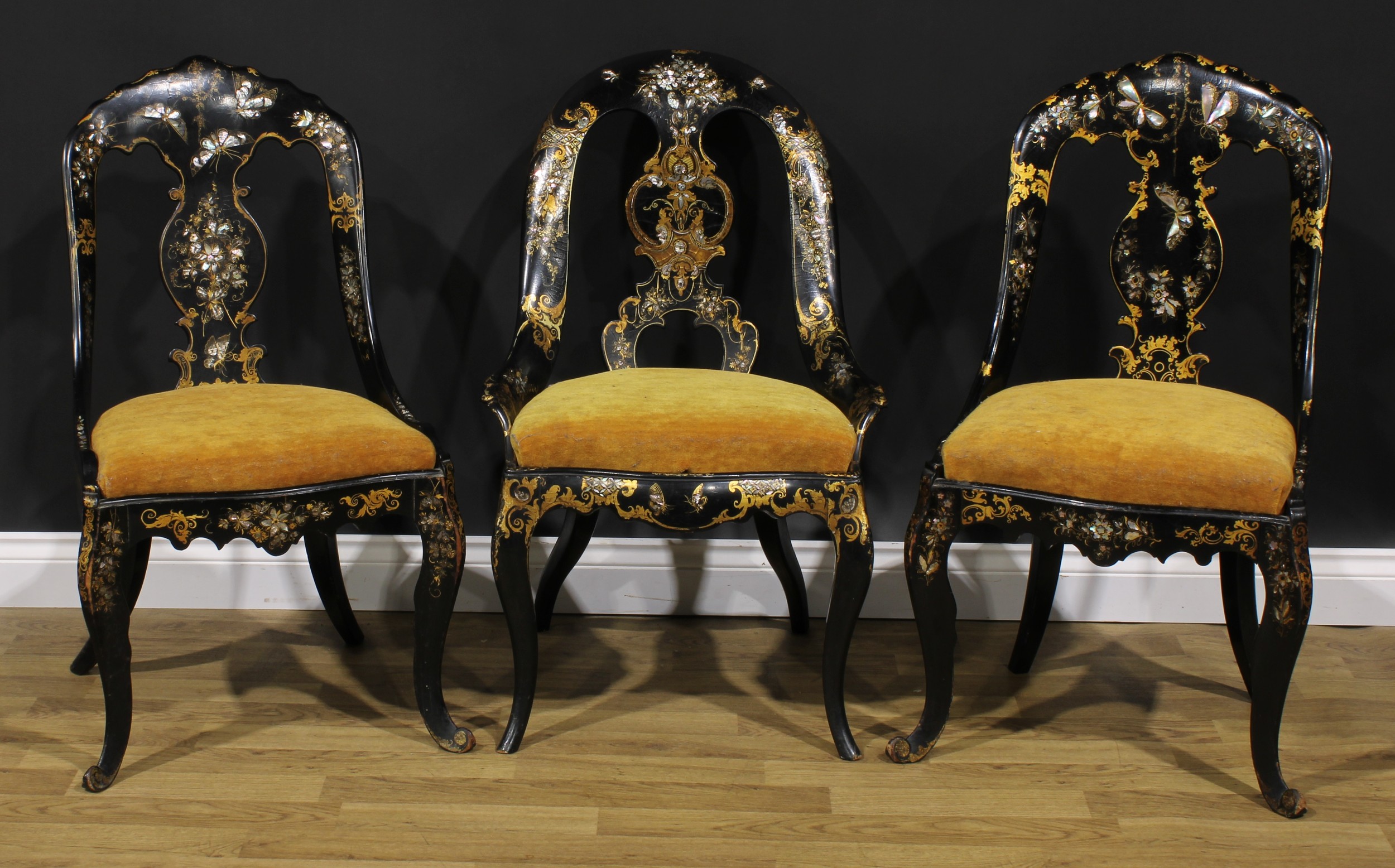 A harlequin suite of three Victorian parcel gilt black lacquer papier-mâché, ebonised and mother