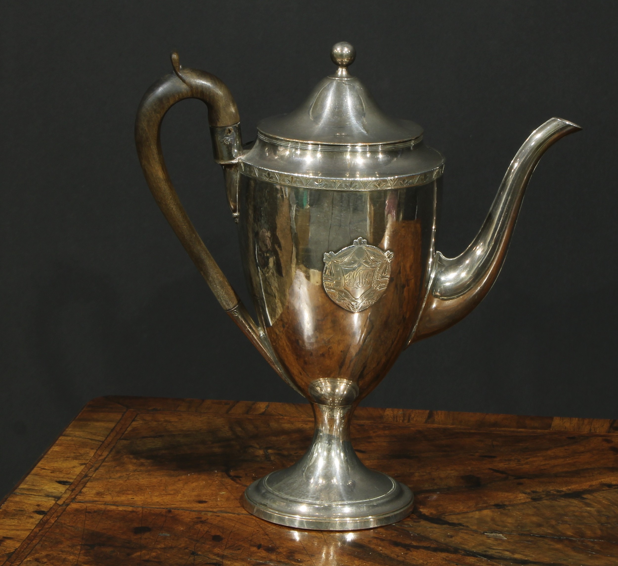 A George III Old Sheffield Plate urnular pedestal coffee pot, domed cover with ball finial,