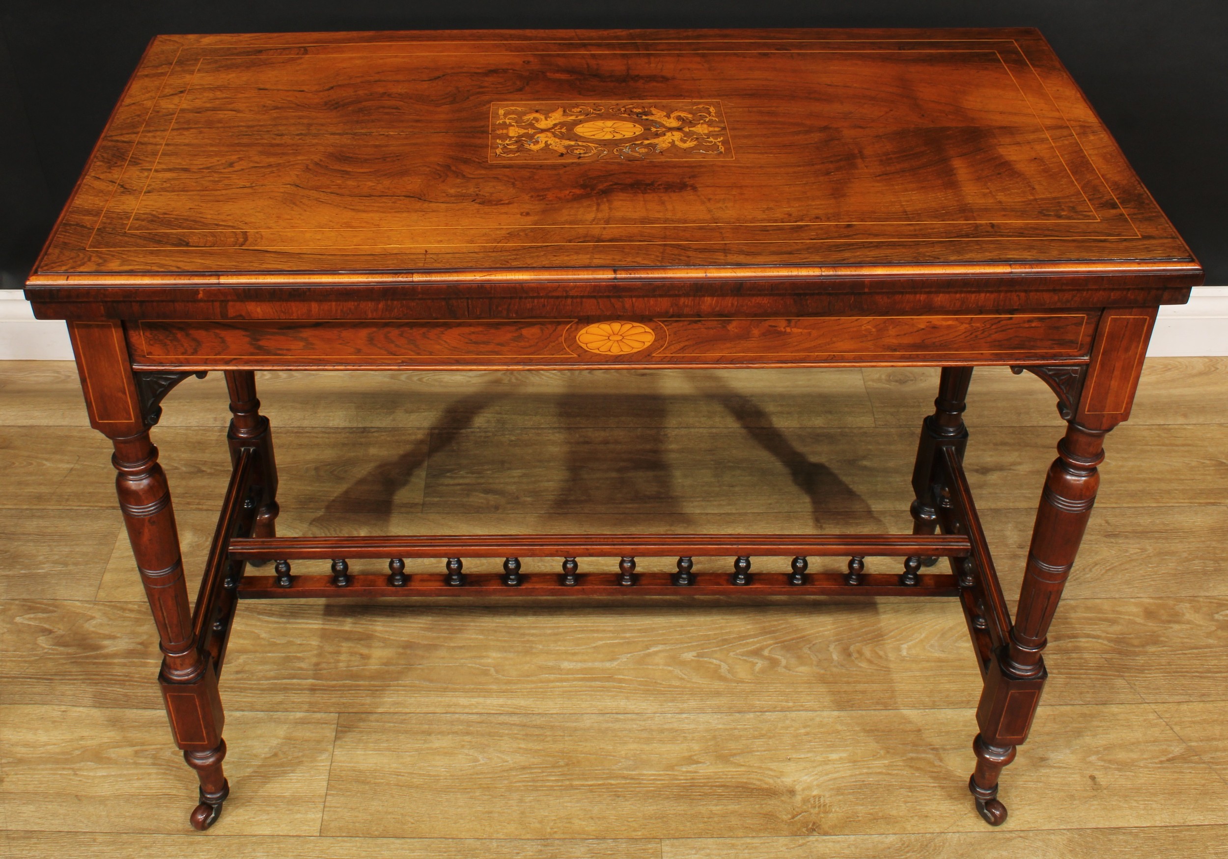 A late Victorian rosewood and marquetry card table, in the manner of Gillows of Lancaster and - Image 2 of 6