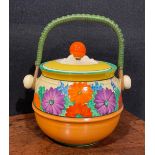 A Clarice Cliff Bizarre Gayday pattern biscuit barrel and cover, painted with summer flowers, wicker