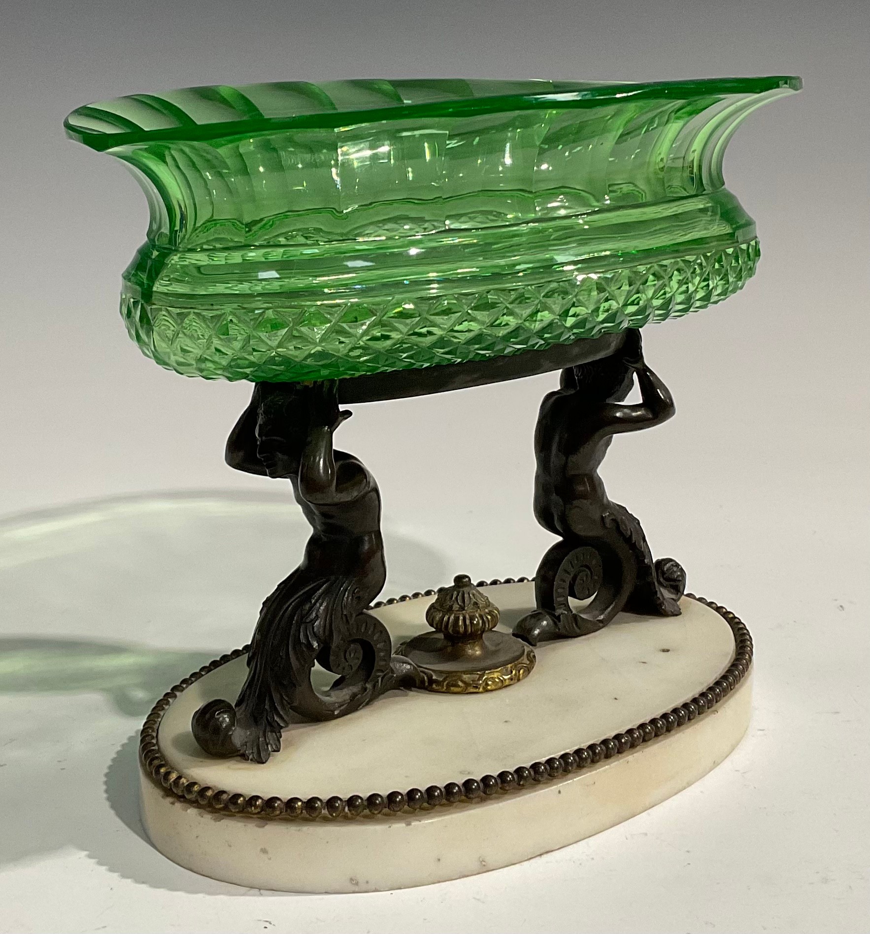 A 19th century dark patinated bronze, carara marble and green glass table centrepiece, the oval - Image 2 of 5