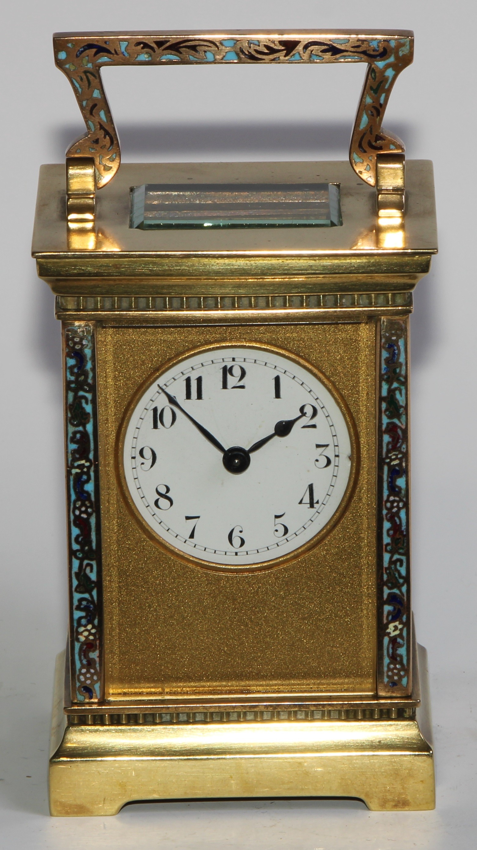 A French gilt brass and champleve enamel carriage timepiece, 4.5cm circular enamel dial inscribed - Image 2 of 8