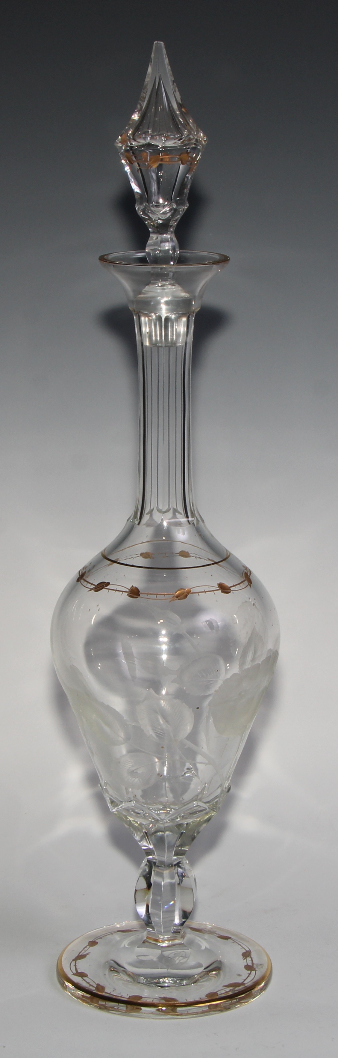 A large late 19th century ovoid pedestal decanter, etched with poppies and gilt with bands of - Image 2 of 3