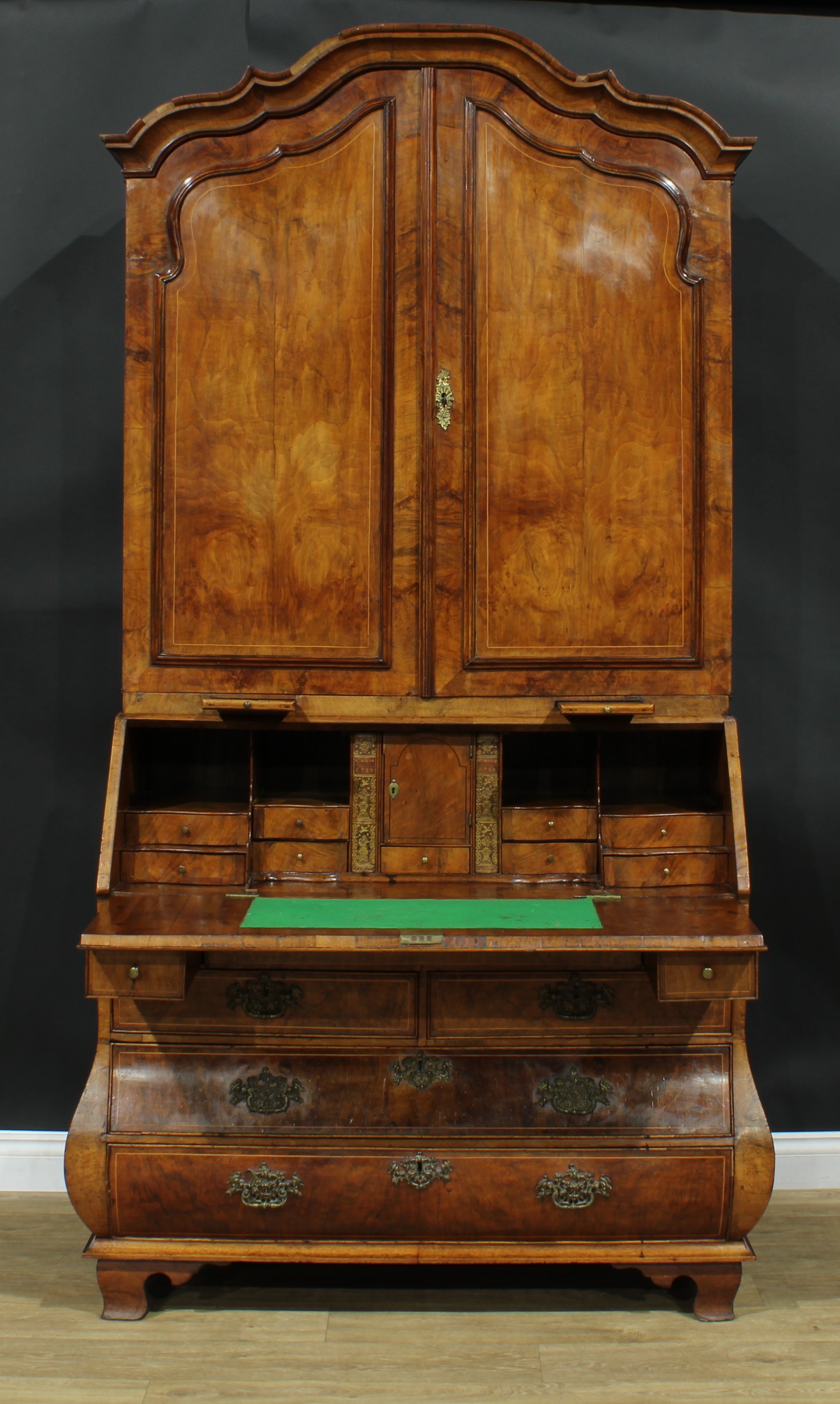 An 18th century Dutch walnut bureau book cabinet, the pair of panel doors above two candle slides - Image 2 of 9