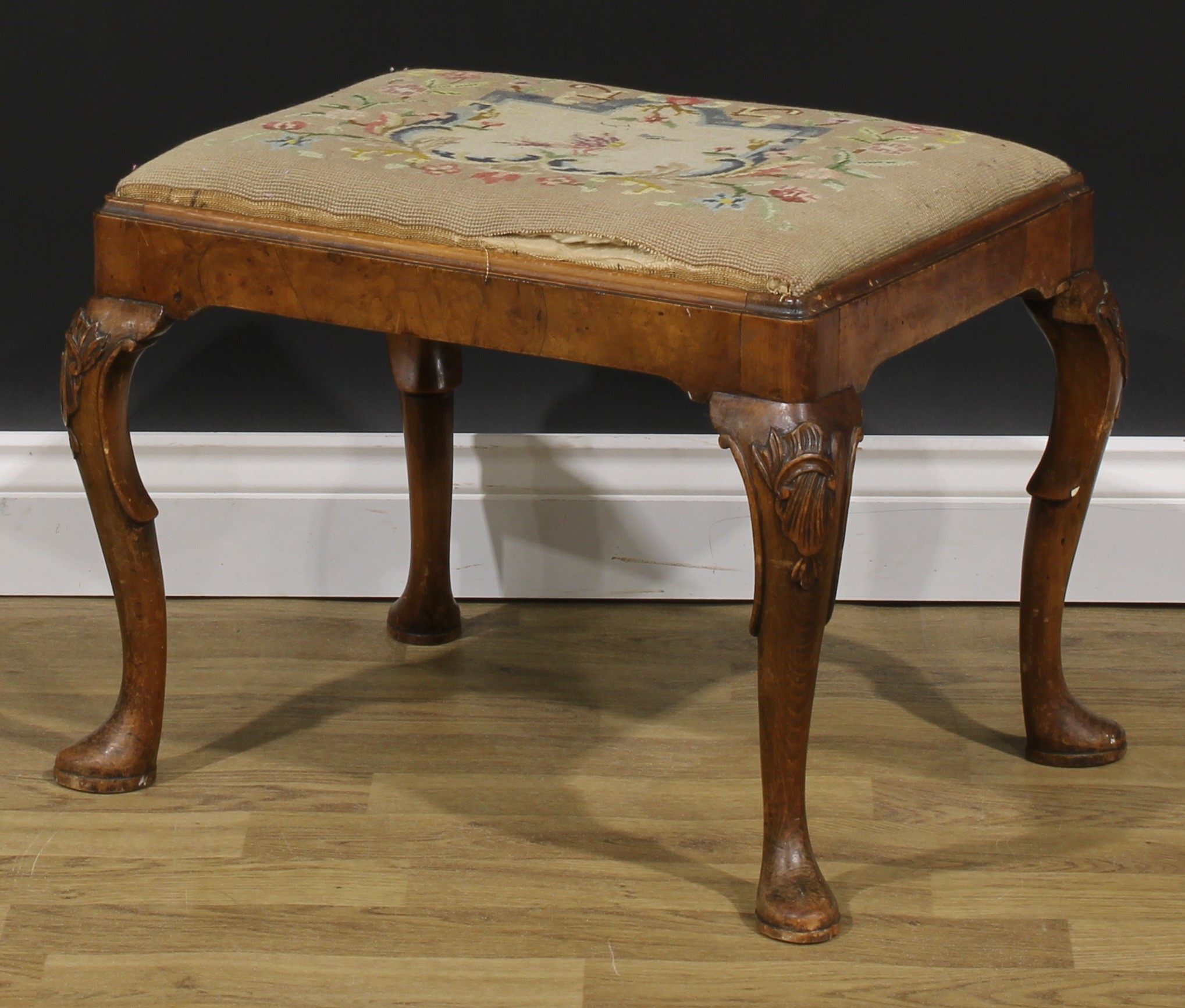 A George II Revival walnut and beech stool, drop-in seat, cabriole legs, pad feet, 43cm high, 58cm - Image 3 of 4