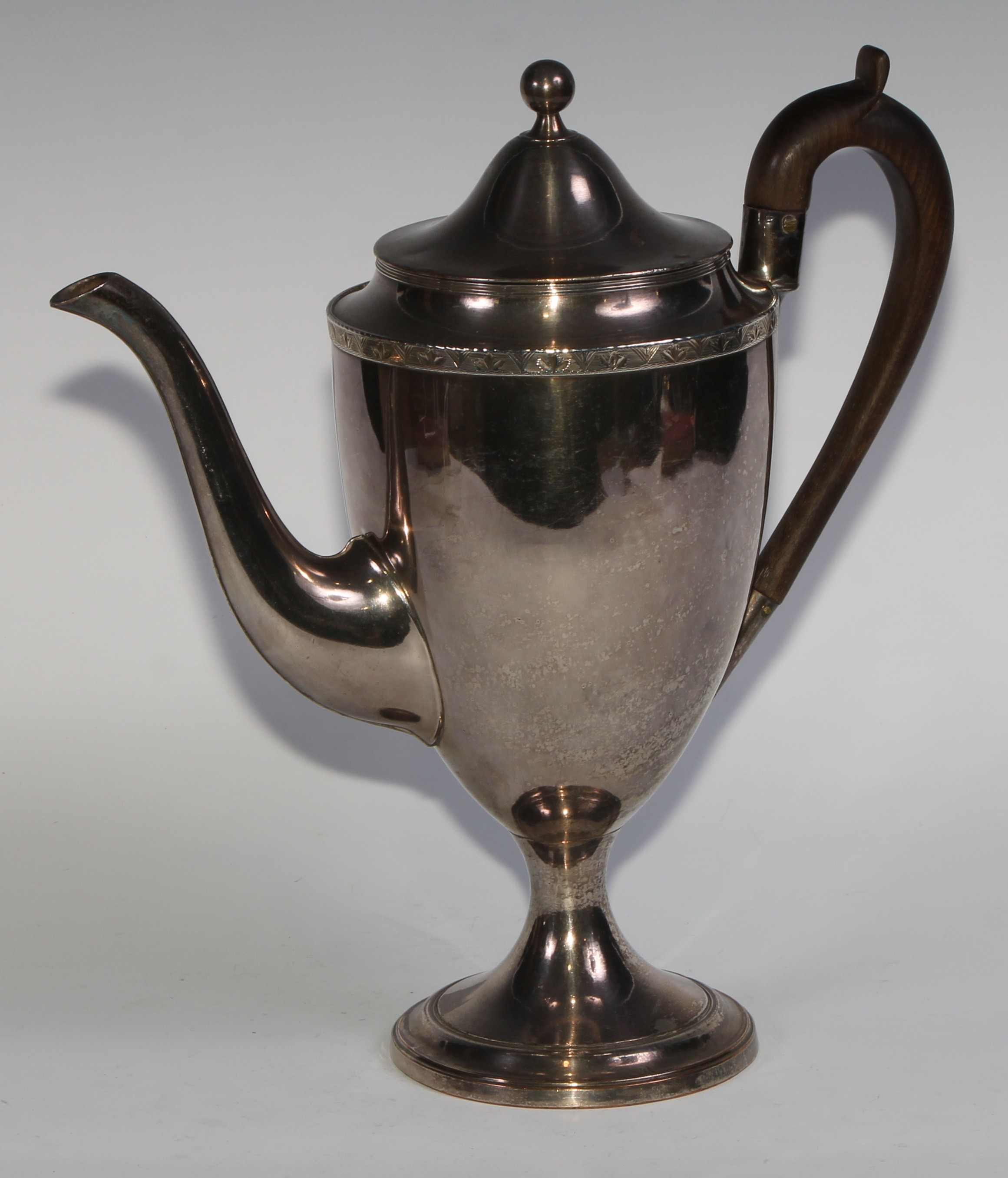 A George III Old Sheffield Plate urnular pedestal coffee pot, domed cover with ball finial, - Image 5 of 5