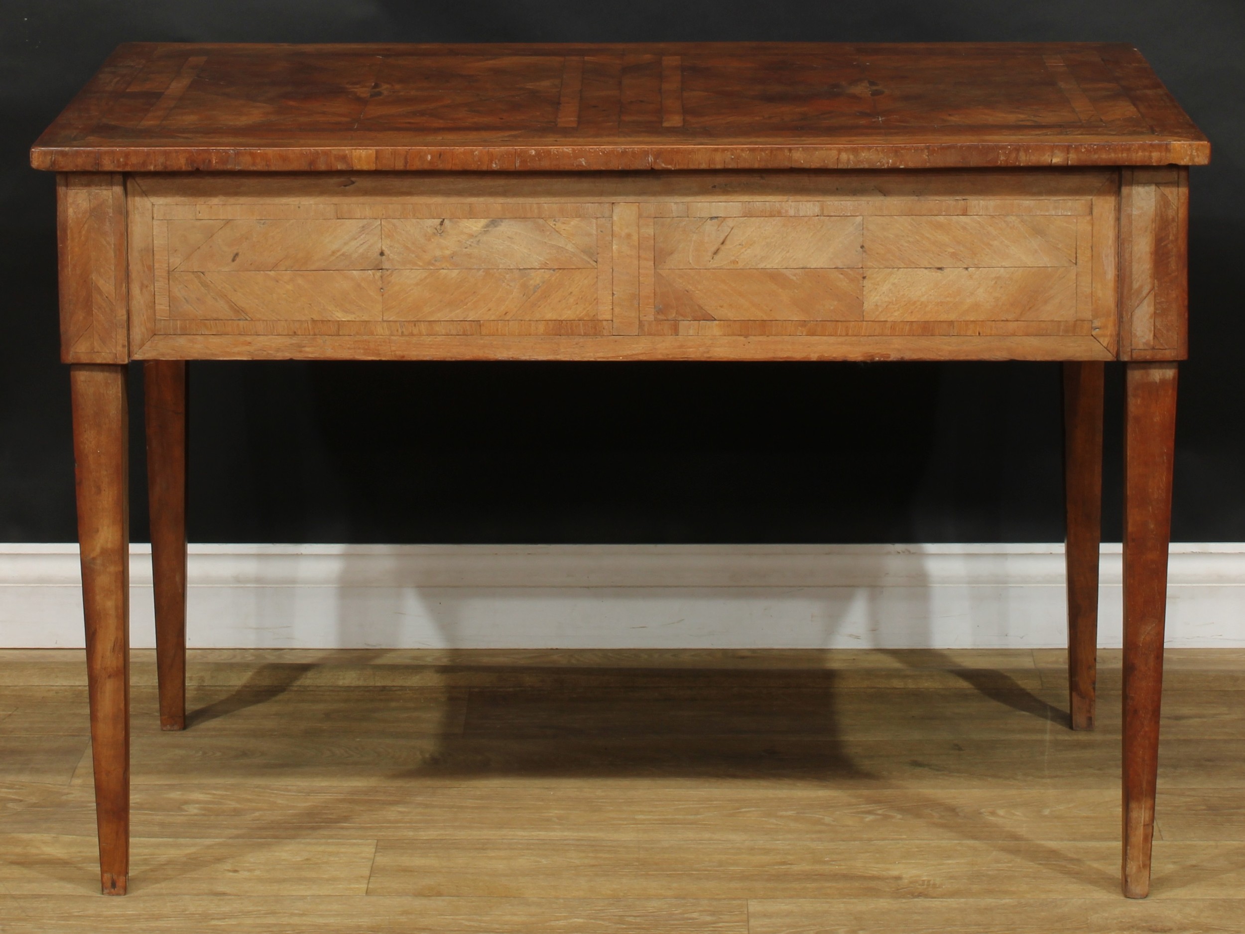 An 18th century French Provincial side table, rectangular top with geometric parquetry veneers, - Image 7 of 7