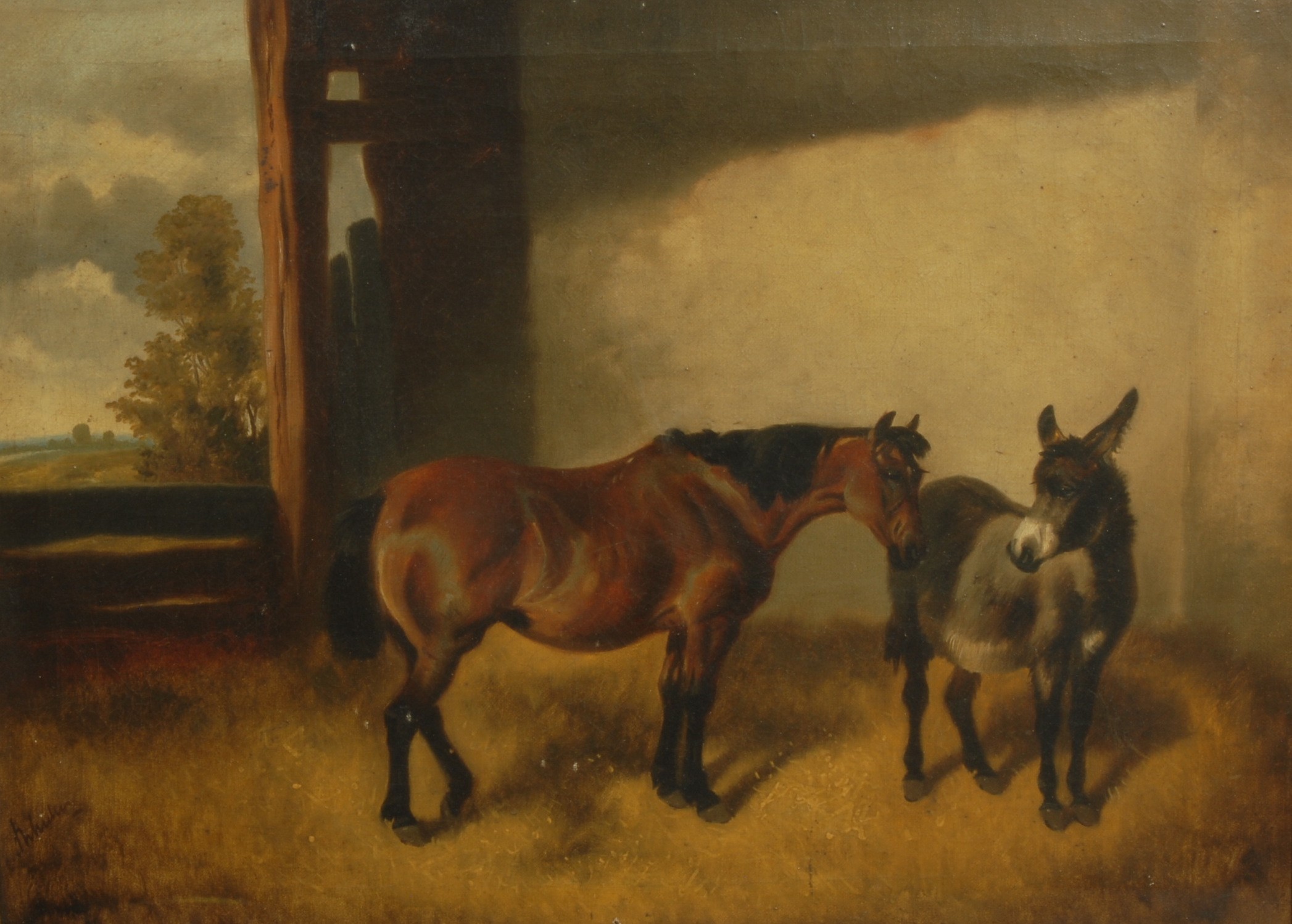 John Alfred Wheeler (1821 - 1903) Stable Mates, Horse and Donkey signed, oil on canvas, 36.5cm x
