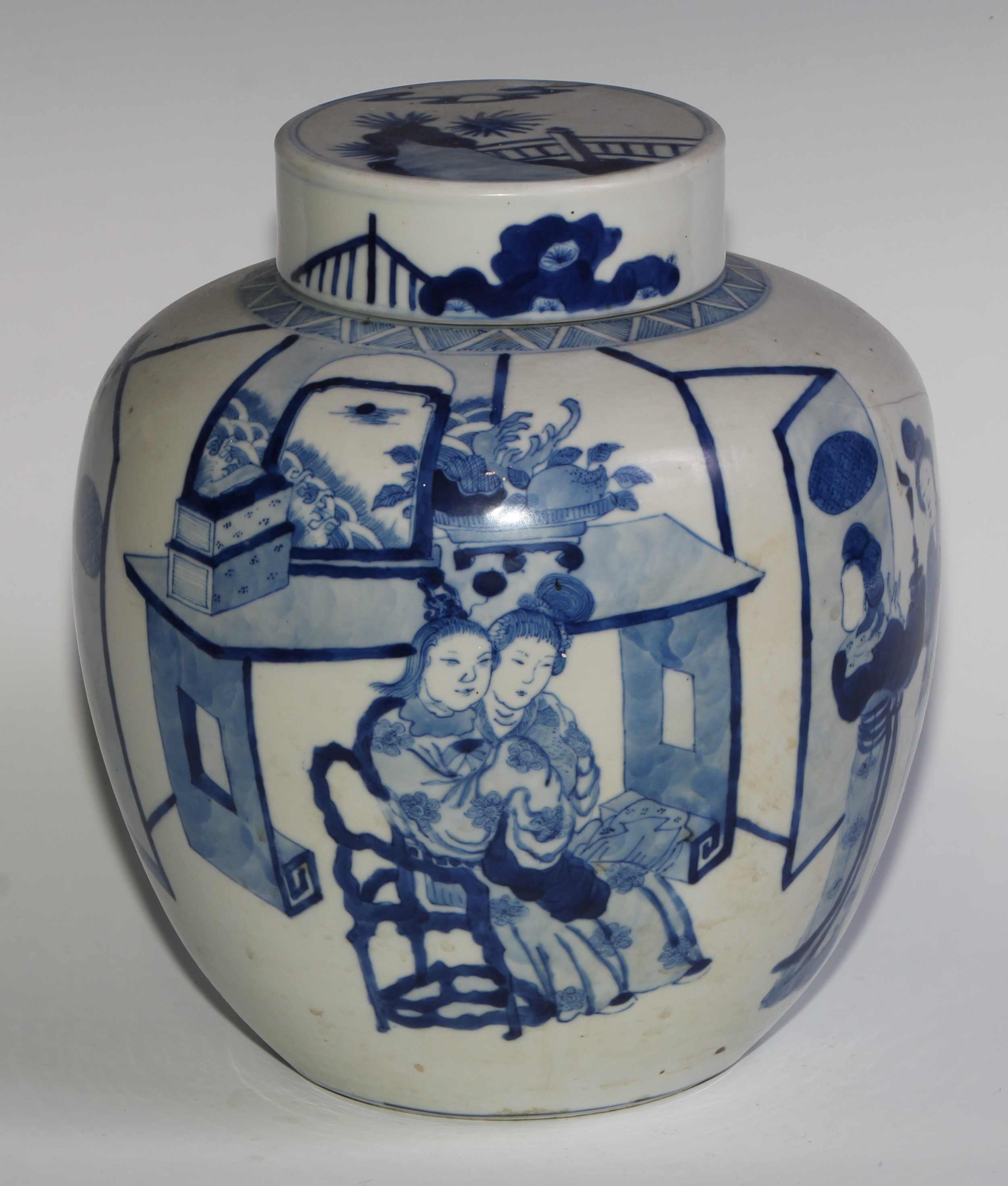 A Chinese ovoid ginger jar and cover, painted in tones of underglaze blue with ladies of the - Image 2 of 7