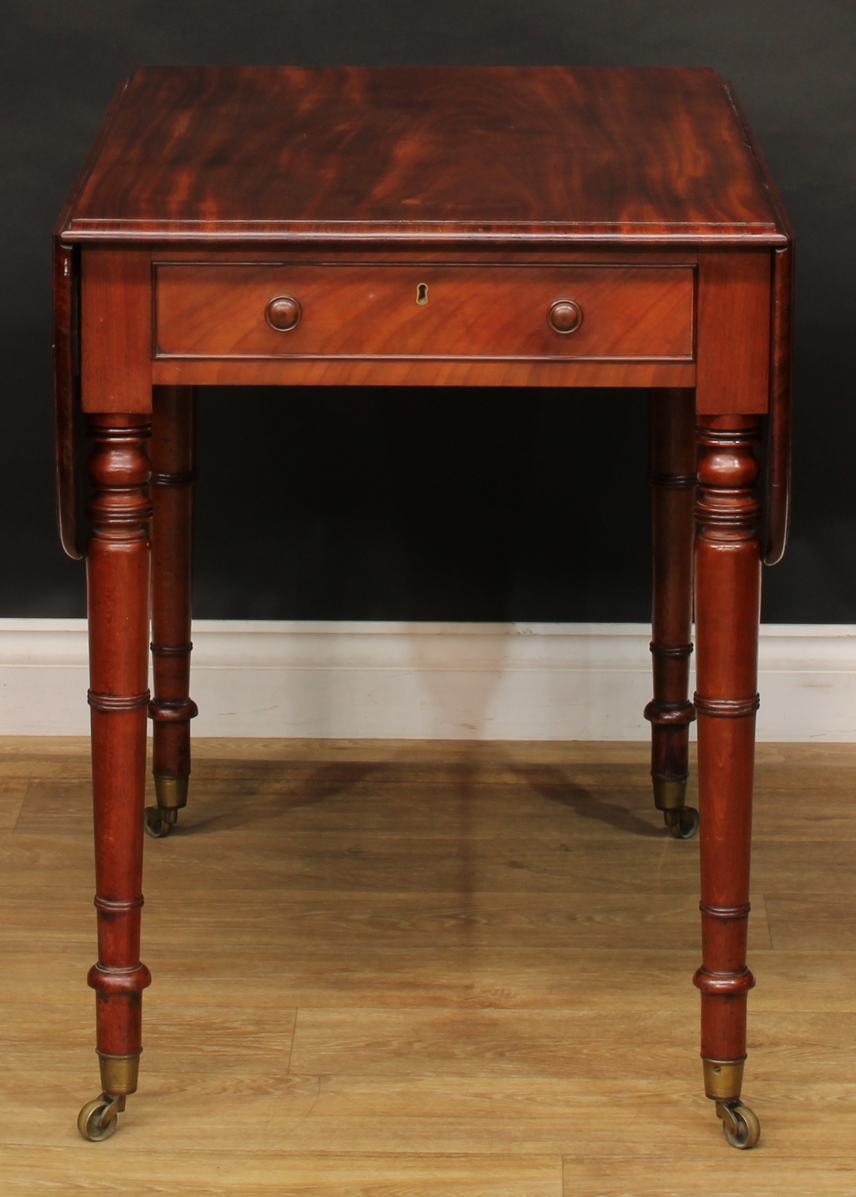 A George IV mahogany Pembroke table, rounded rectangular top with fall leaves above a single - Image 7 of 7