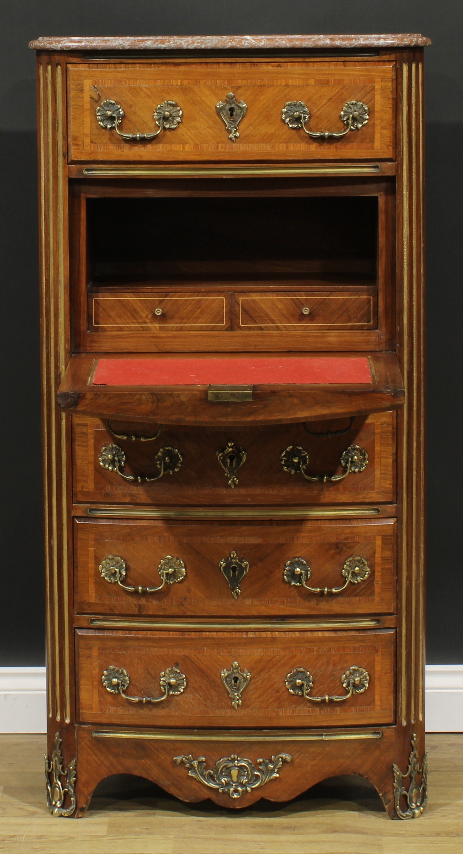 A Louis XV Revival gilt metal mounted secrétaire à abattant, marble top above an arrangement of - Image 2 of 7