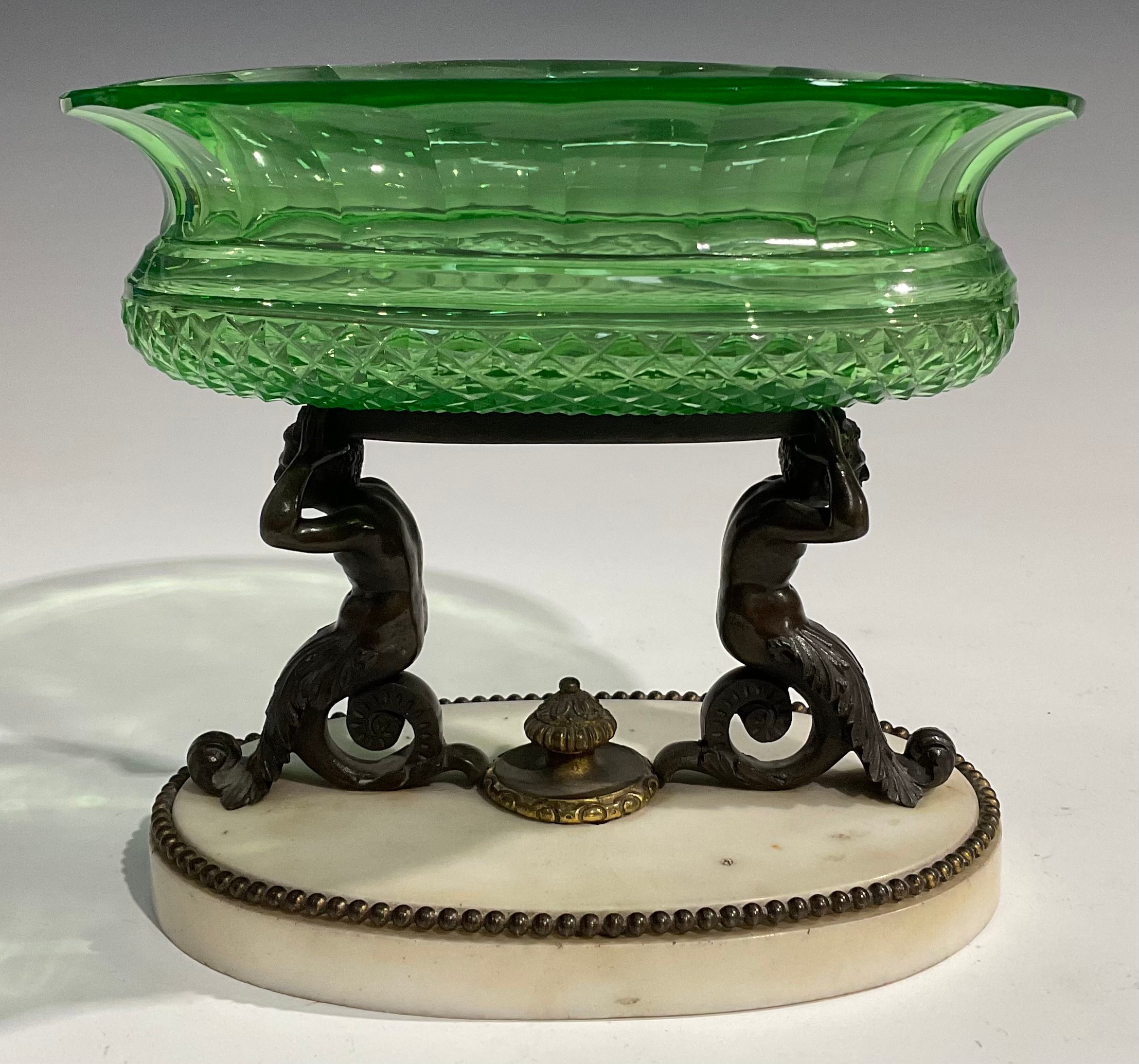 A 19th century dark patinated bronze, carara marble and green glass table centrepiece, the oval - Image 5 of 5