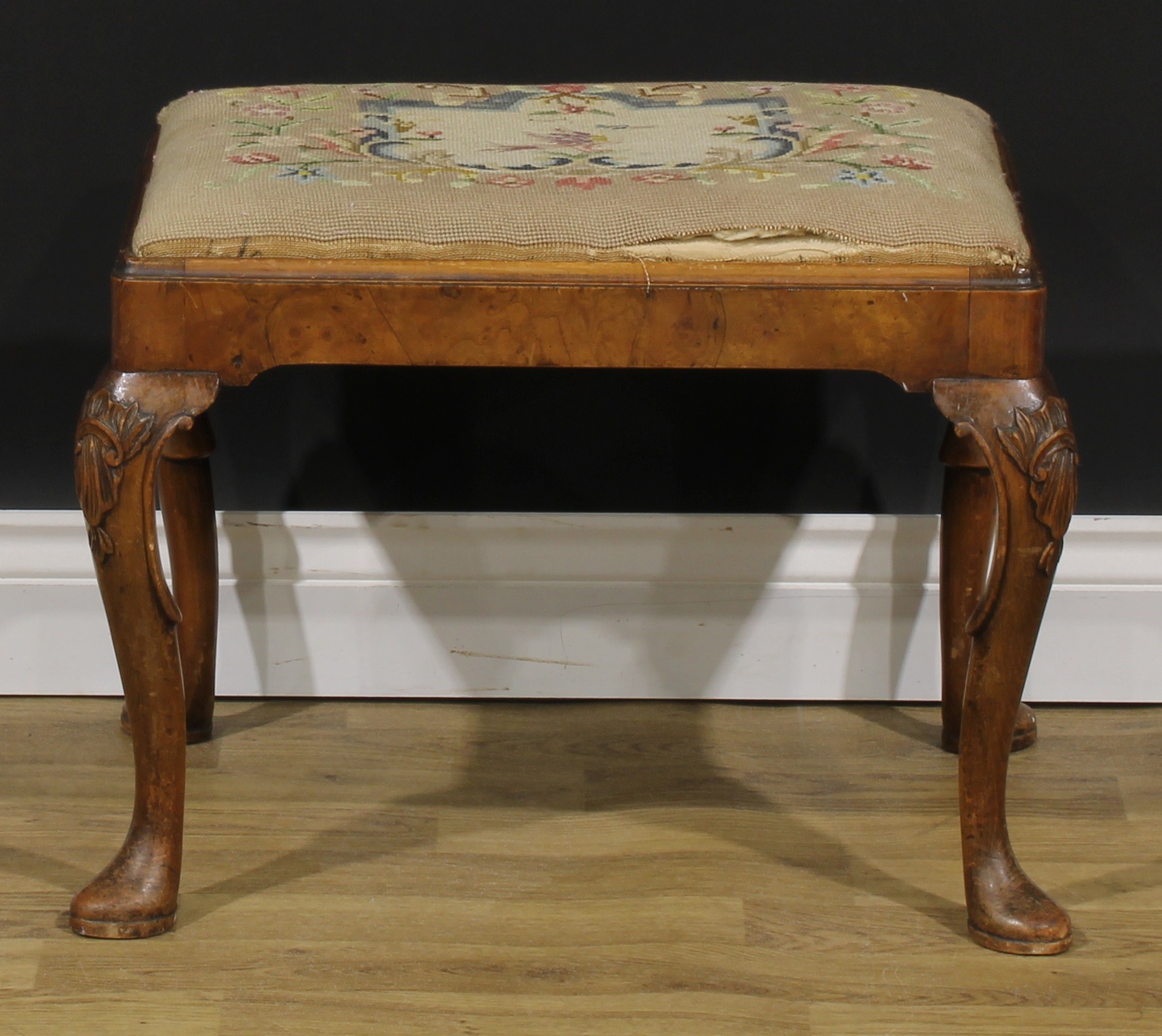 A George II Revival walnut and beech stool, drop-in seat, cabriole legs, pad feet, 43cm high, 58cm