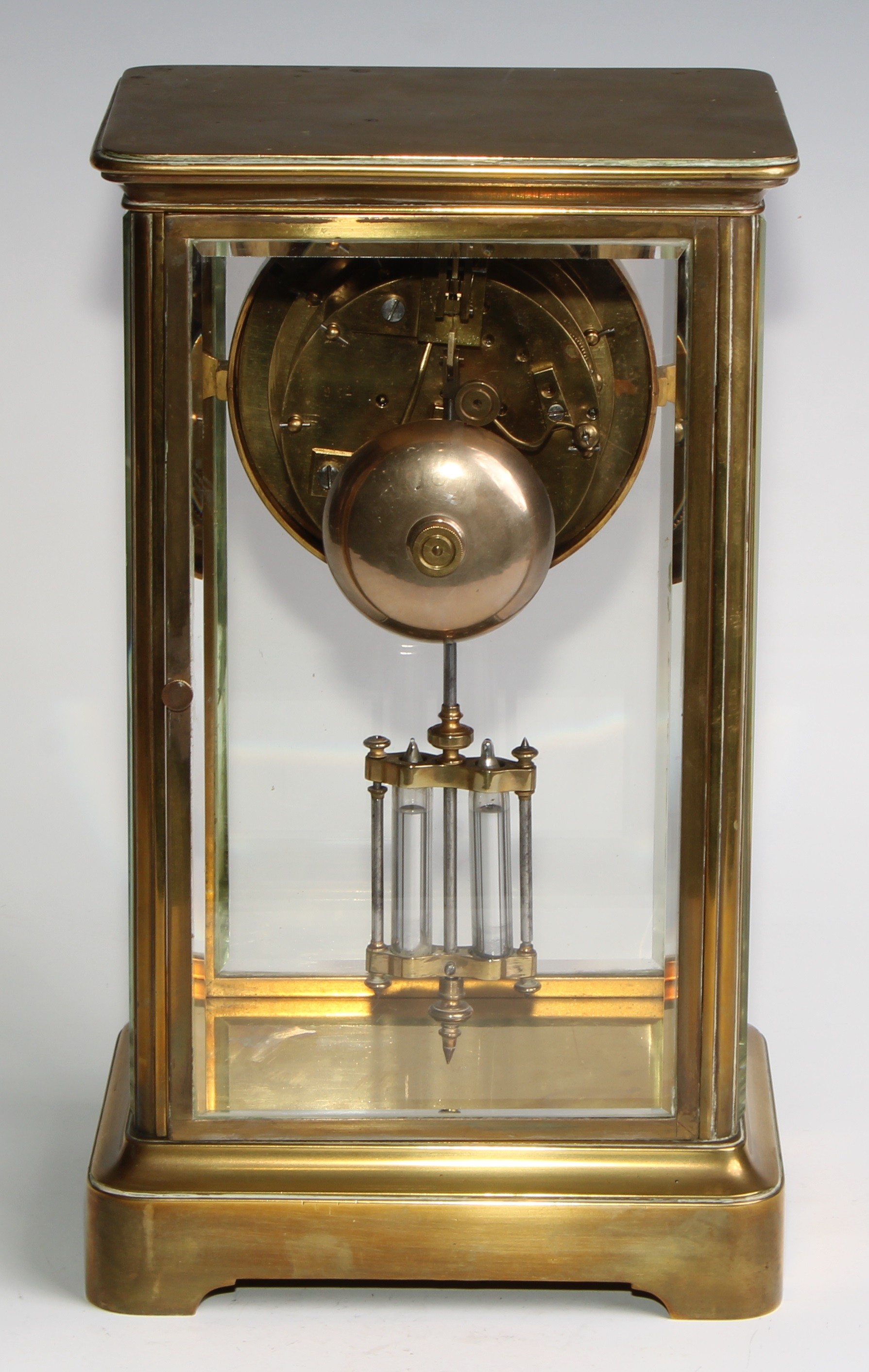A late 19th century French lacquered brass four glass mantel clock, 9.5cm dial with Arabic chapter - Image 5 of 6