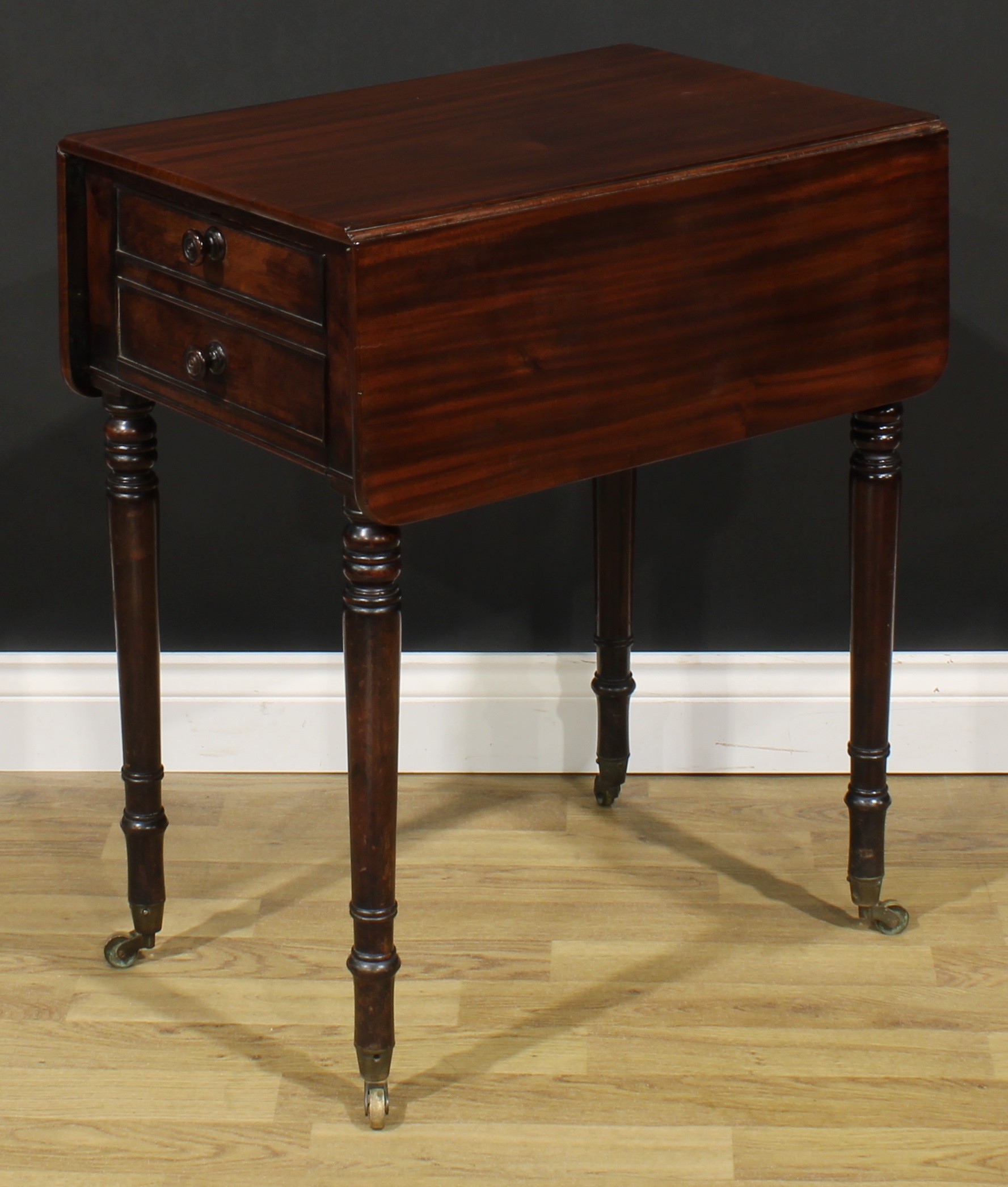 A George IV mahogany Pembroke occasional table, rounded rectangular top with fall leaves above a - Image 6 of 7