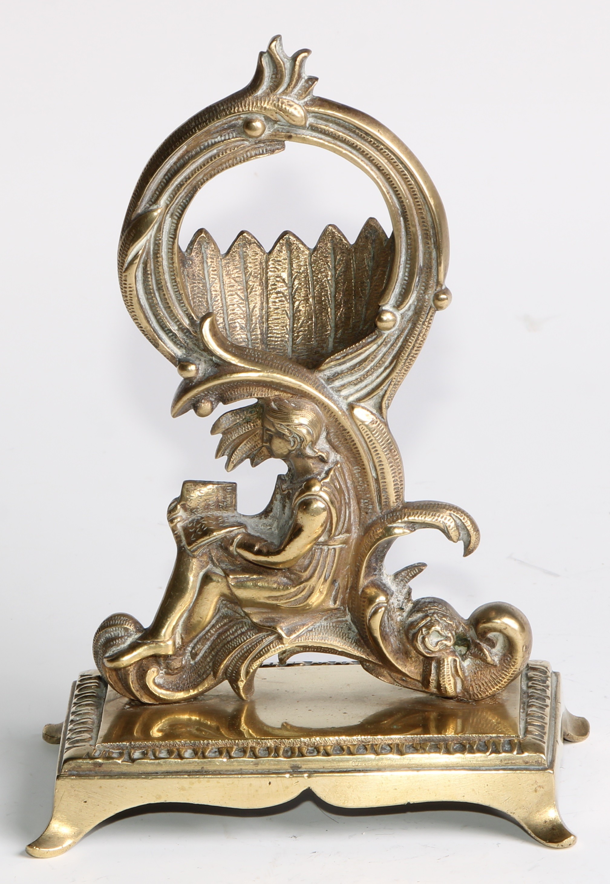 A 19th century brass pocket watch stand, cast in the Rococo taste with a figure reading, 17cm - Image 2 of 5