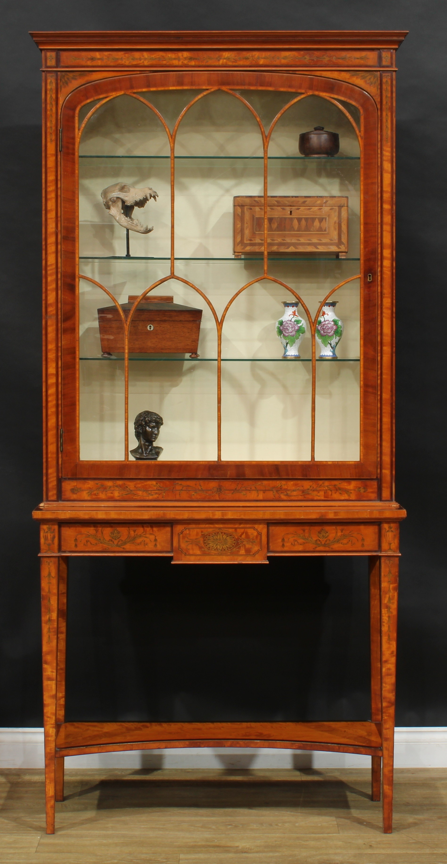 A Sheraton Revival mahogany crossbanded satinwood and marquetry display cabinet on stand, moulded