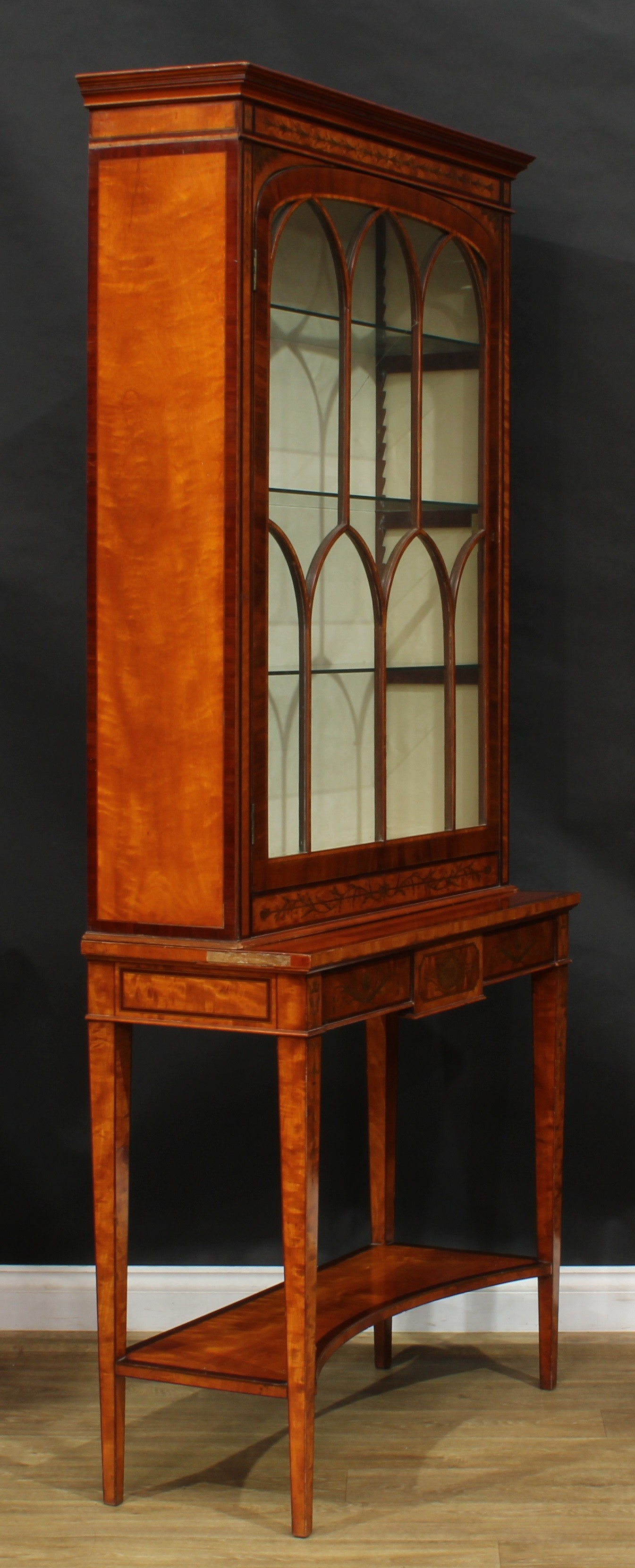 A Sheraton Revival mahogany crossbanded satinwood and marquetry display cabinet on stand, moulded - Image 3 of 5