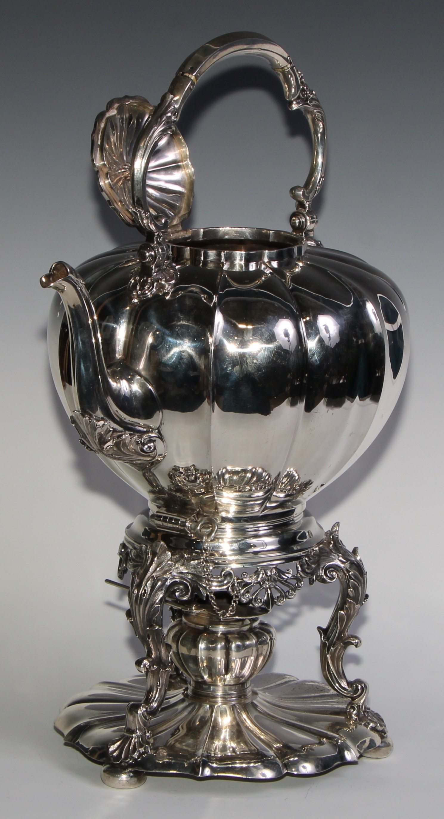 A large early Victorian Rococo Revival silver melon shaped tea kettle, stand and burner, swing - Image 4 of 8