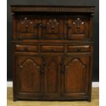 A 17th century style oak duodarn, rectangular top with nulled frieze above three raised and