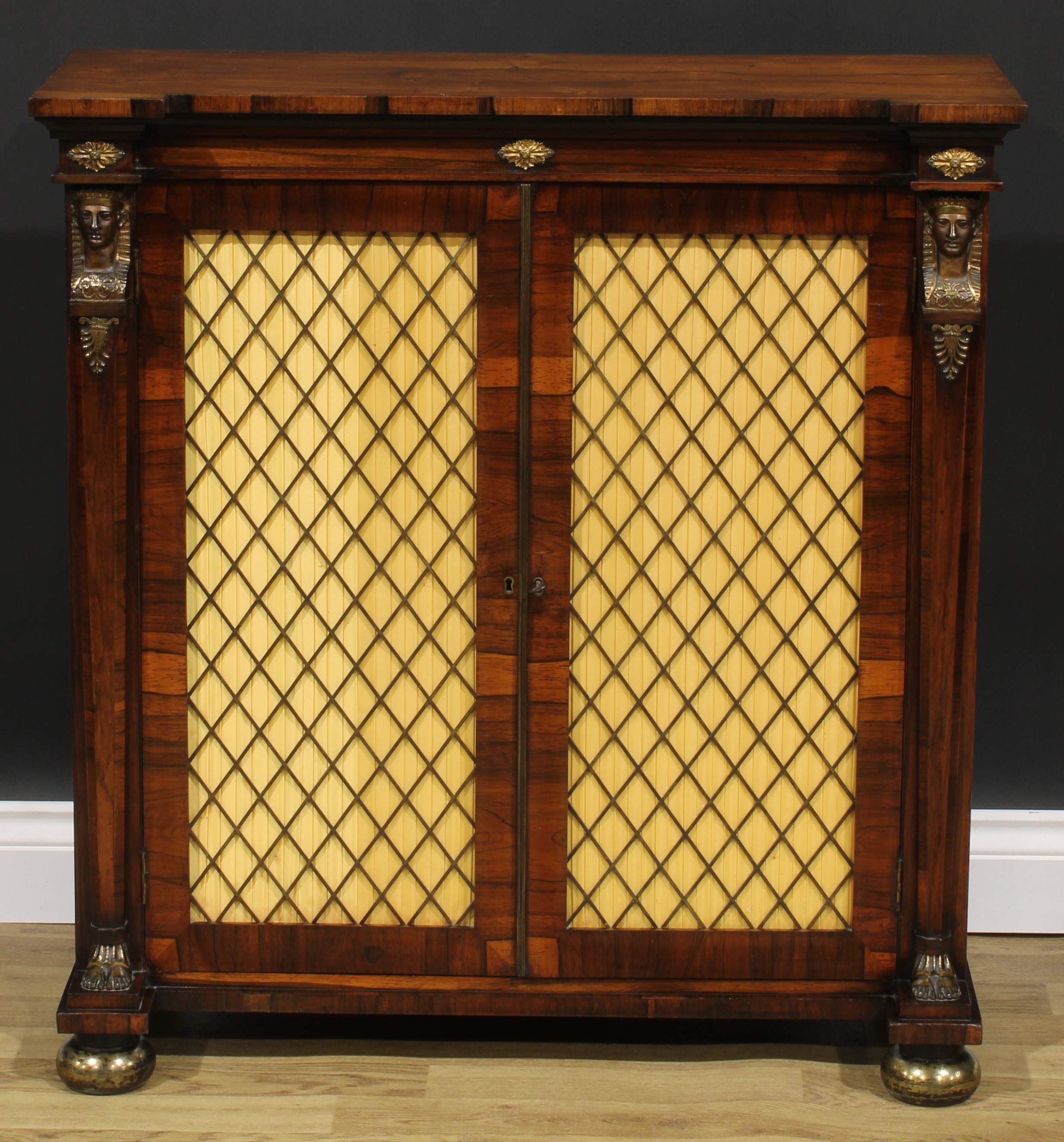 A Regency Egyptian Revival gilt metal mounted rosewood side cabinet, slightly oversailing top - Image 2 of 6