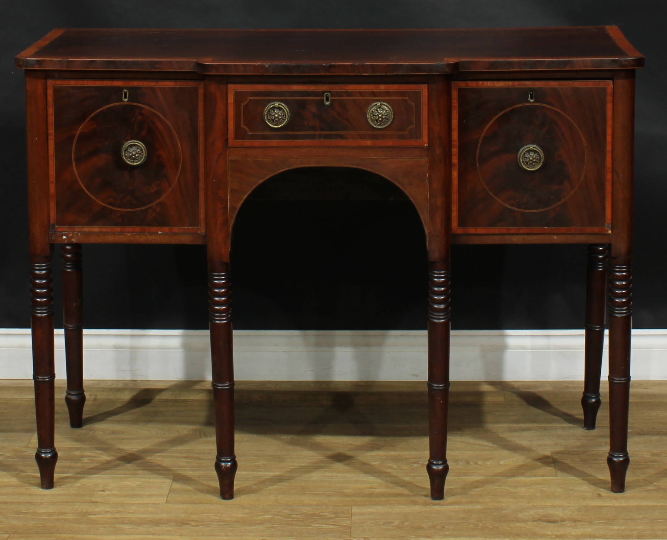 A George III Revival satinwood crossbanded mahogany serving table or sideboard, of small and neat - Image 2 of 7