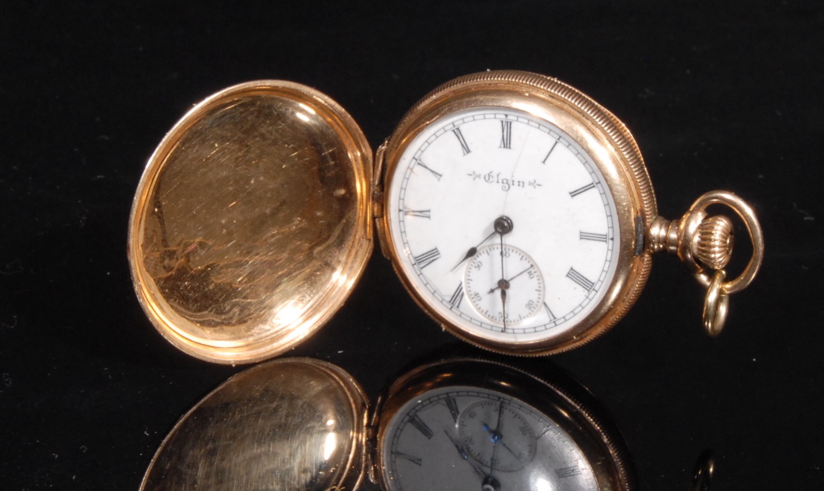 A full hunter Elgin pocket or fob watch, stamped '14K' for 14ct gold, white enamel dial, Roman - Image 2 of 3