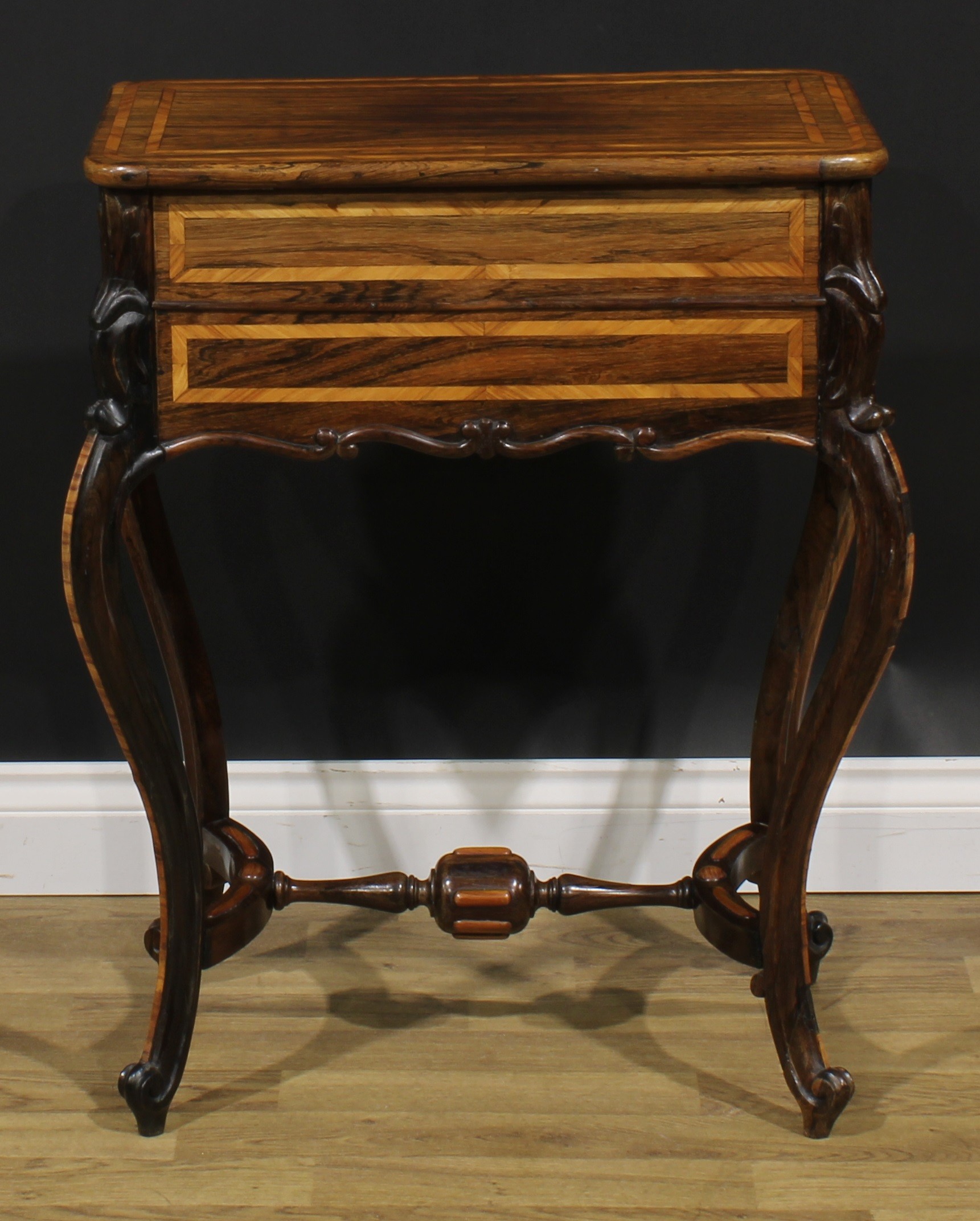 A Louis XV Revival kingwood banded rosewood work table, hinged top above a long apron drawer, French - Image 6 of 6