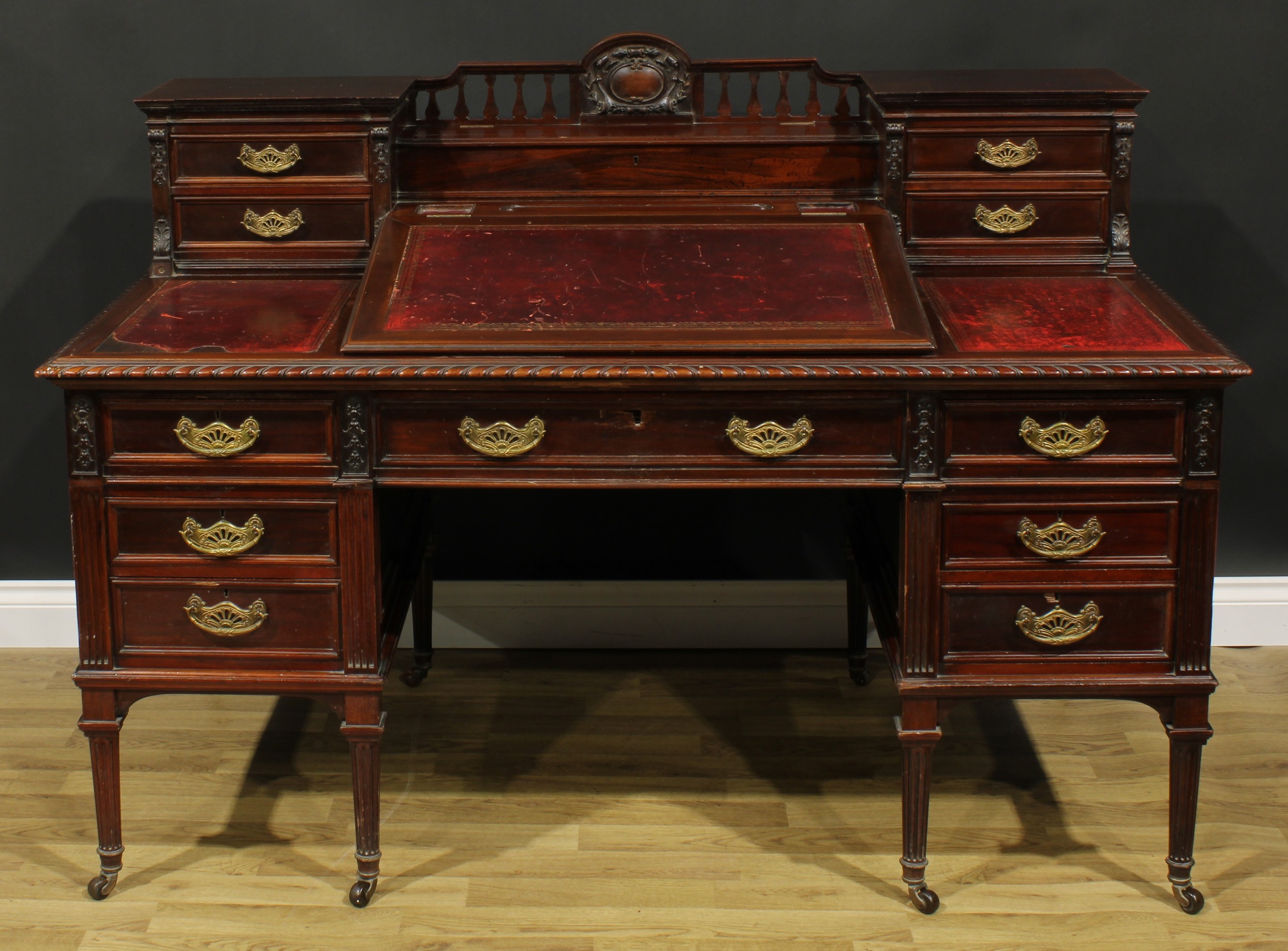 A late Victorian mahogany twin pedestal Dickens desk, shaped superstructure with hinged covered - Image 2 of 5