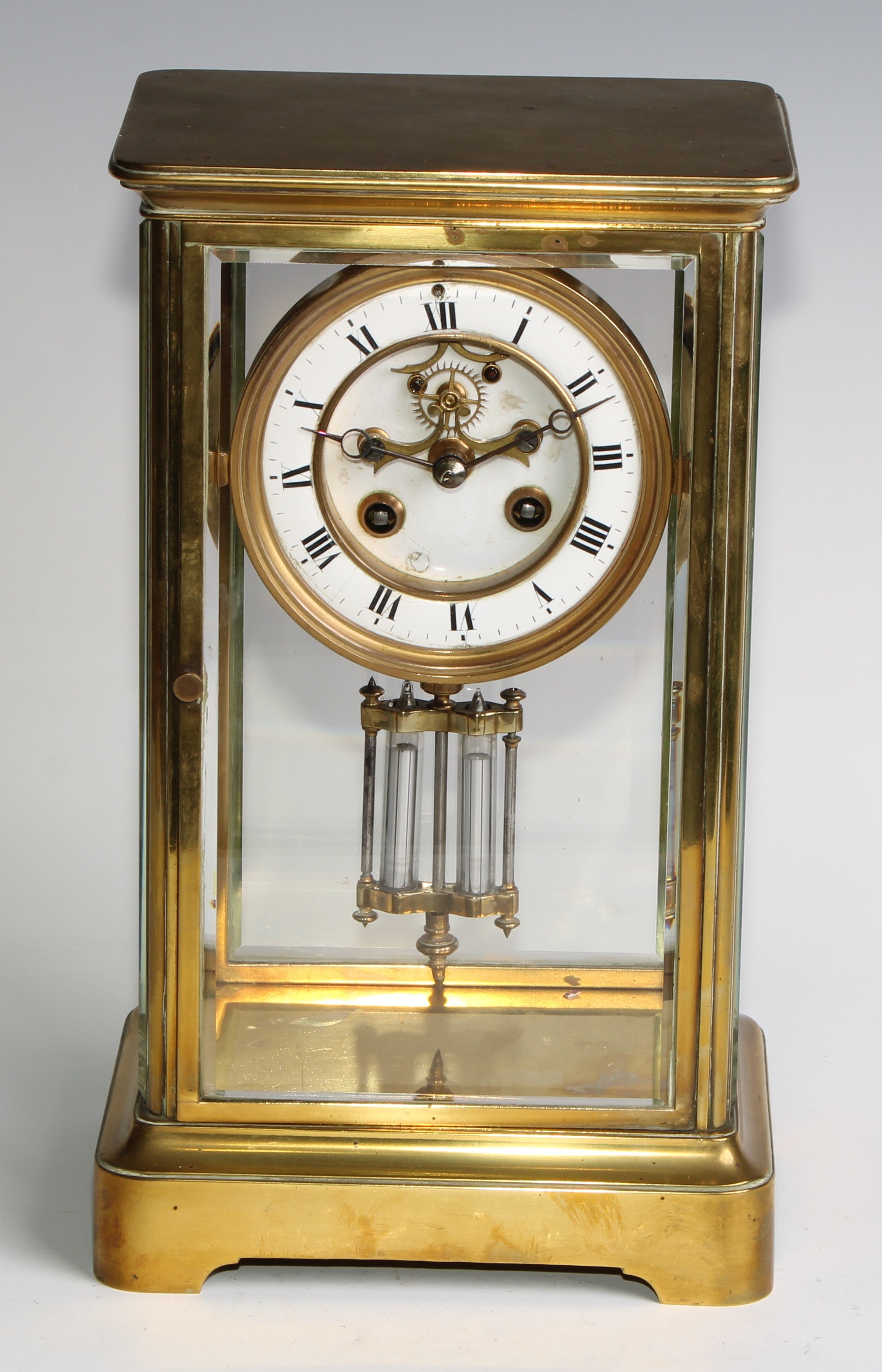 A late 19th century French lacquered brass four glass mantel clock, 9.5cm dial with Arabic chapter - Image 2 of 6