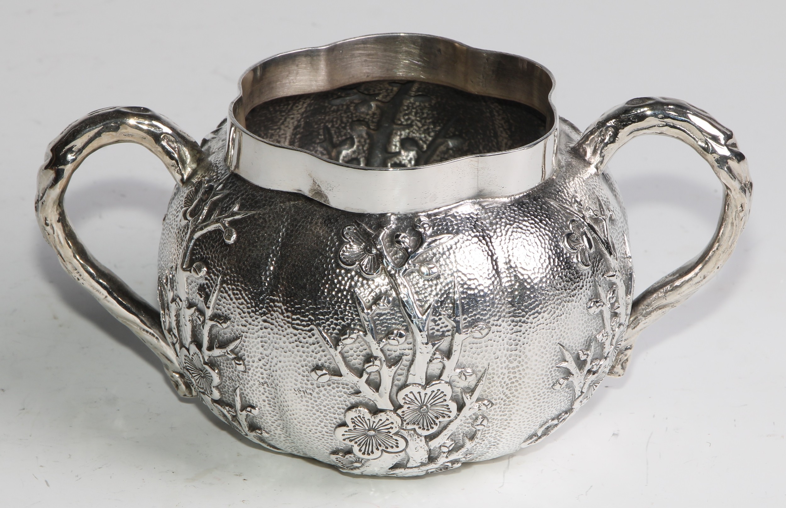 A Chinese silver three piece melon shaped tea service, comprising teapot, milk jug and sucrier, - Image 12 of 14