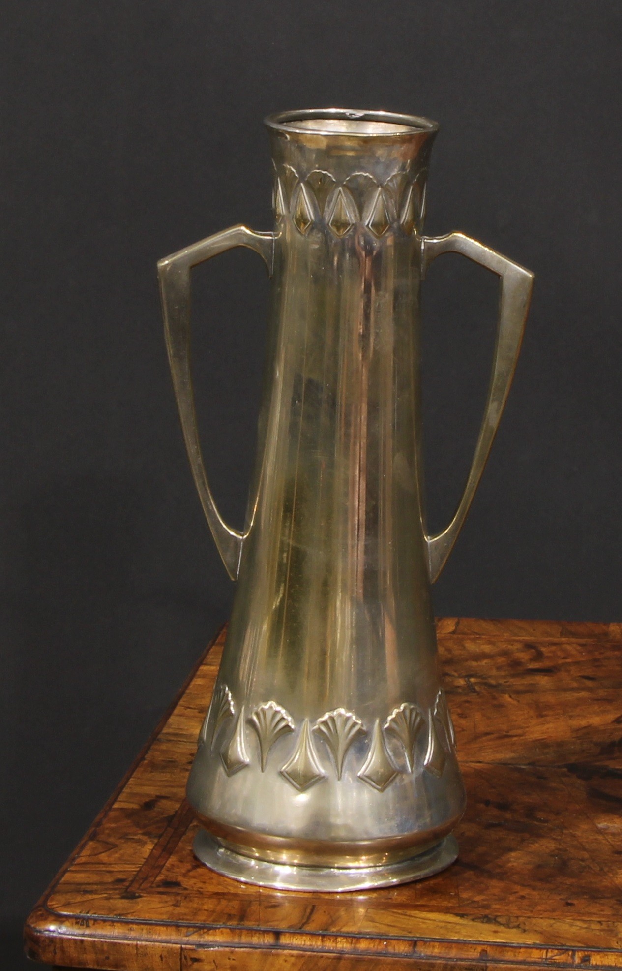 A W.M.F. Art Nouveau Jugendstil silver plated two handled vase, Ginkgo design, of spreading